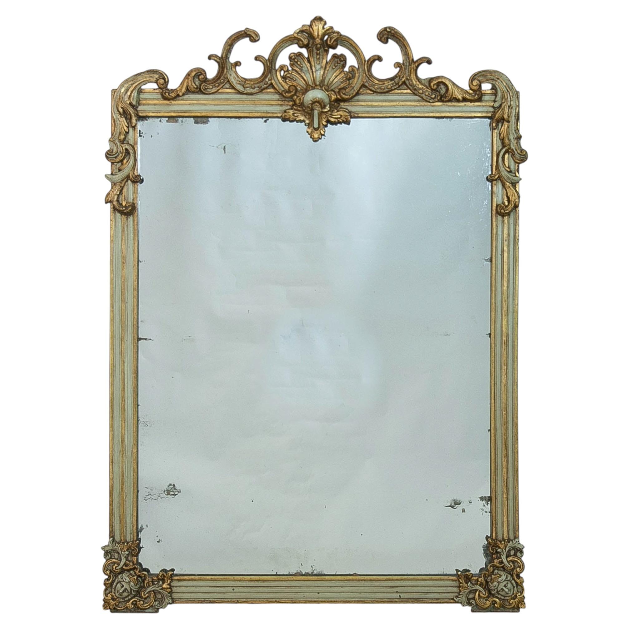 Specchio da caminetto francese del XIX secolo, in stile Napoleone III, con doratura a zone, verde e oro