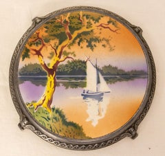 French Paris Art Nouveau Zamac & Ceramic Lake Landscape circa 1900