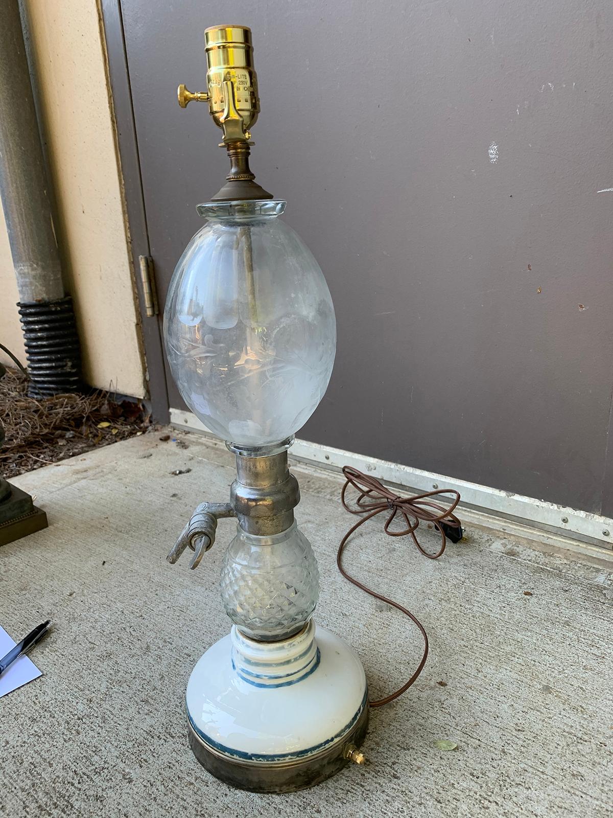 French Paris Glass & Pewter Briet Brevete Seltzer Bottle as Lamp, Marked For Sale 5