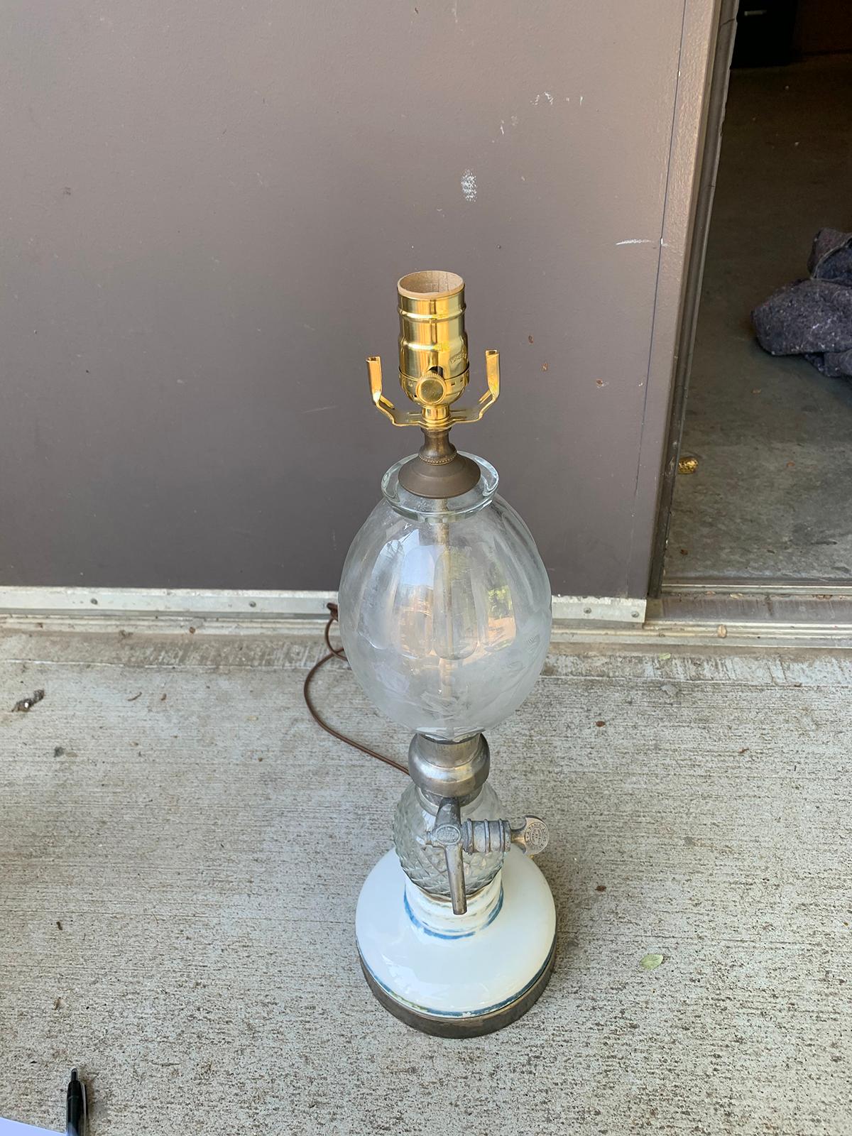 French Paris Glass & Pewter Briet Brevete Seltzer Bottle as Lamp, Marked For Sale 8