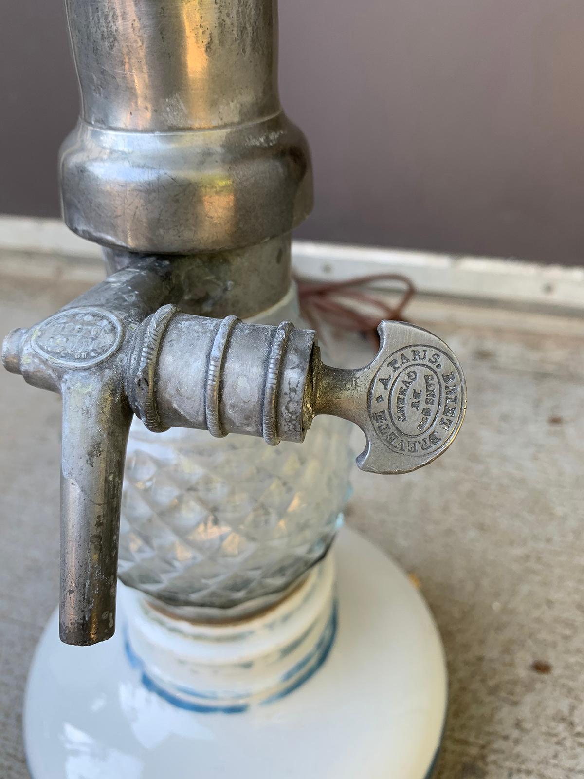 Late 19th-early 20th century French Paris Glass & Pewter Briet Brevete seltzer bottle as lamp on porcelain base, marked
new wiring.