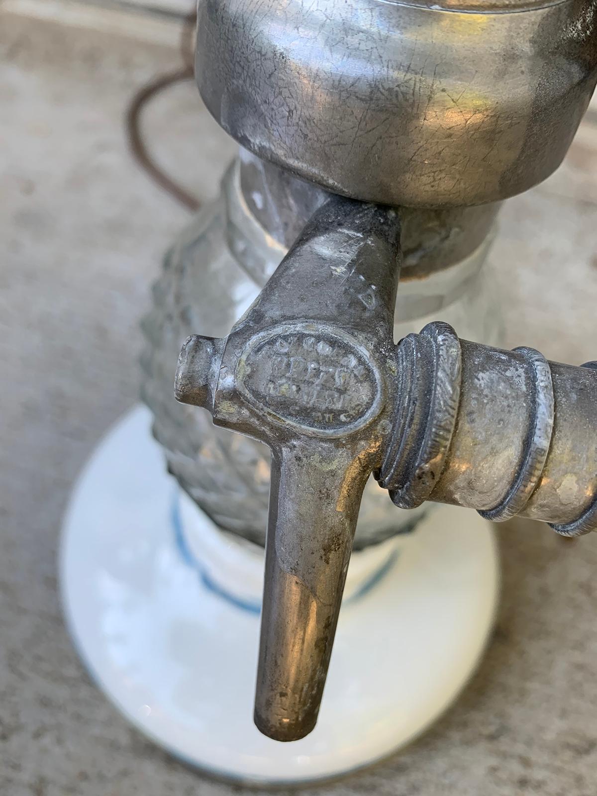 French Paris Glass & Pewter Briet Brevete Seltzer Bottle as Lamp, Marked For Sale 1