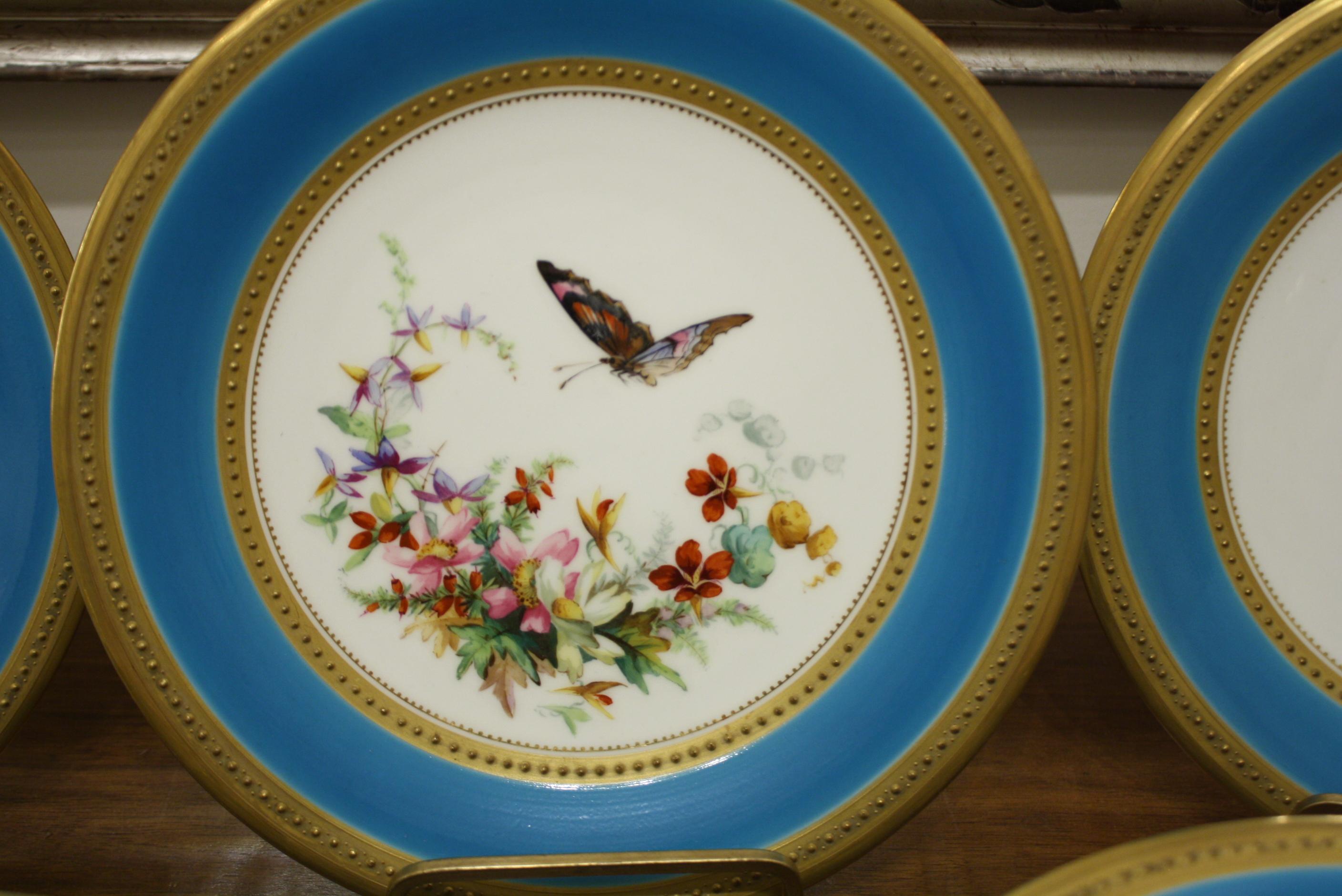 Porcelain Minton Dessert Service with Butterflies and Flowers and Gold Rims For Sale