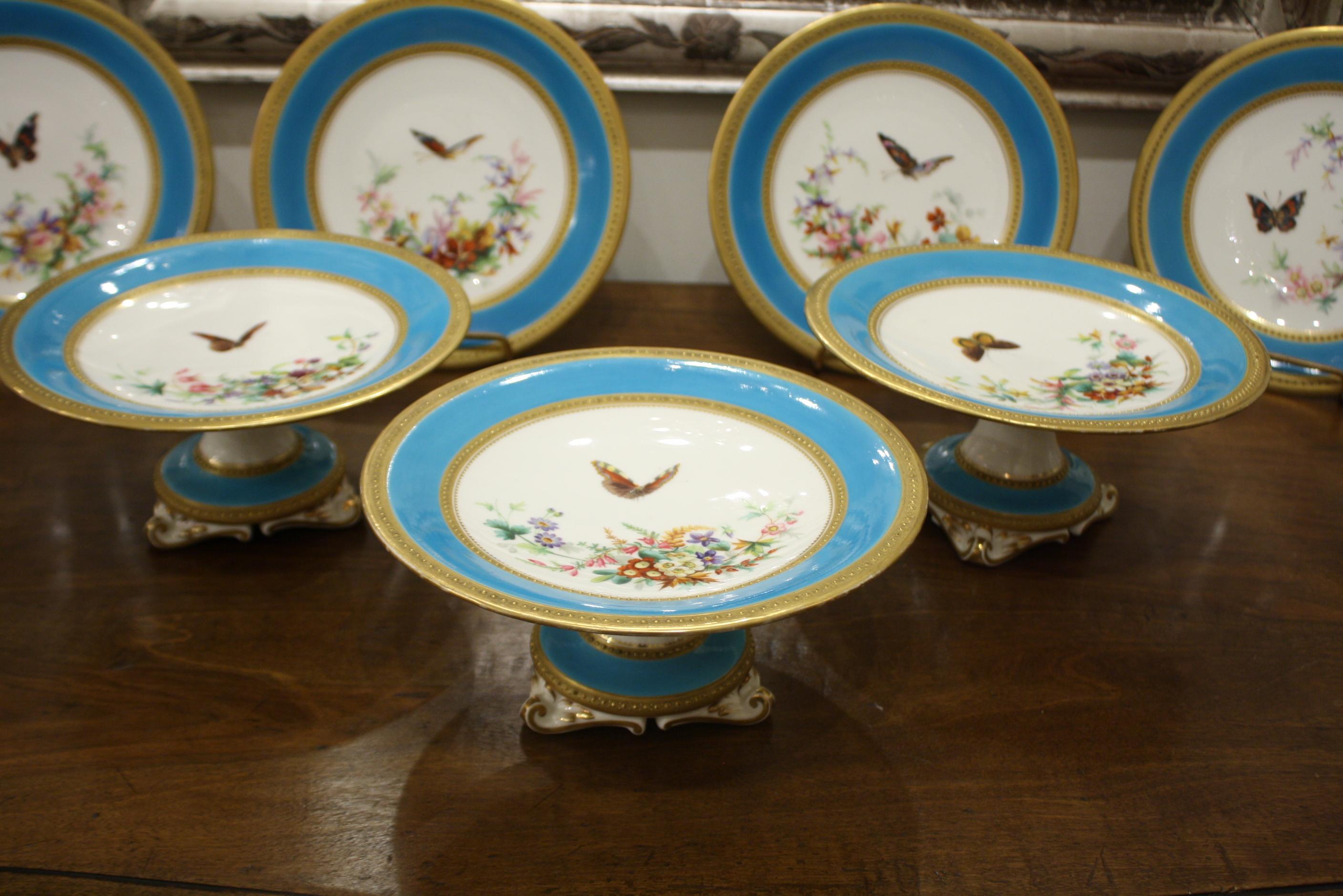 Victorian Minton Dessert Service with Butterflies and Flowers and Gold Rims For Sale