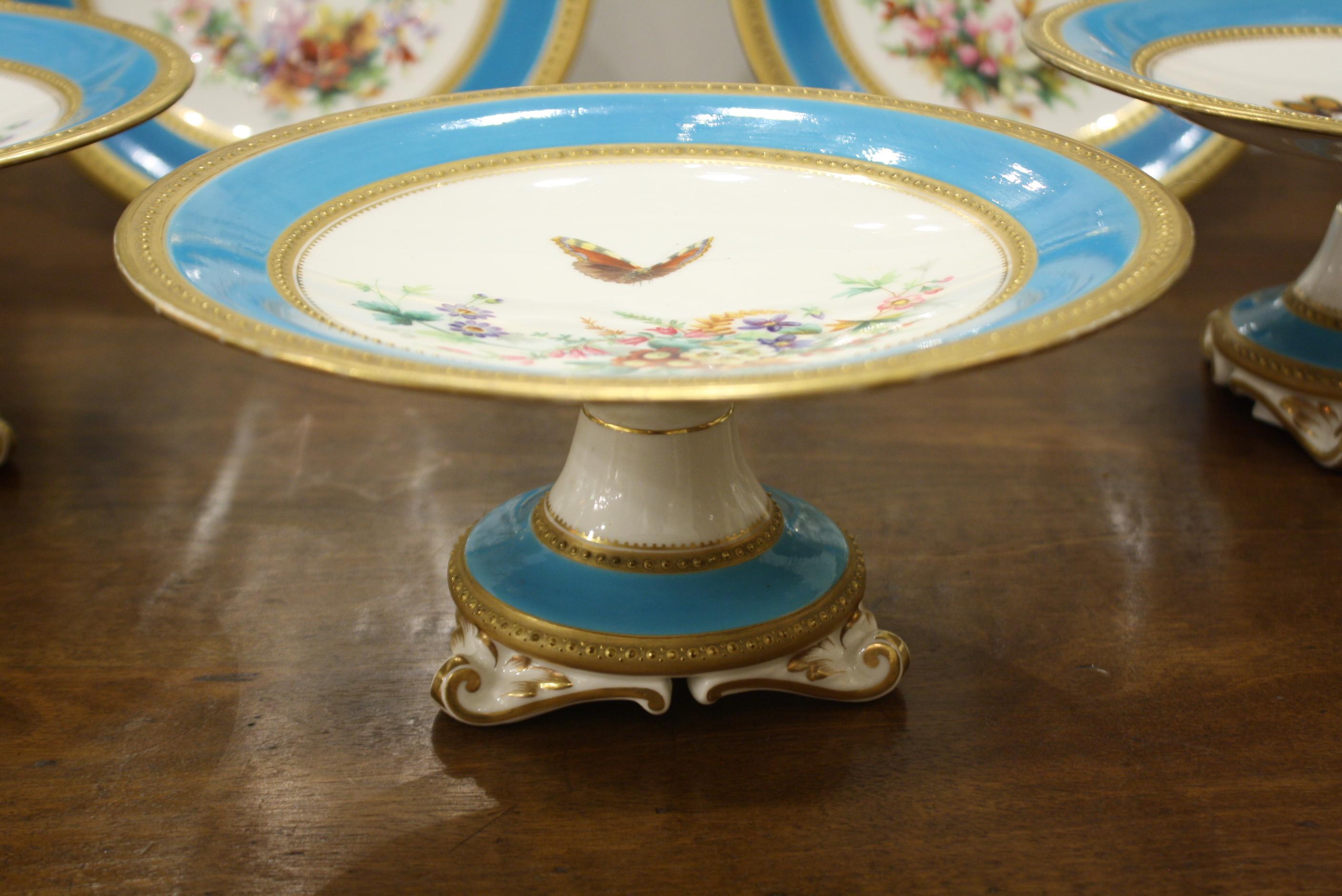 English Minton Dessert Service with Butterflies and Flowers and Gold Rims For Sale