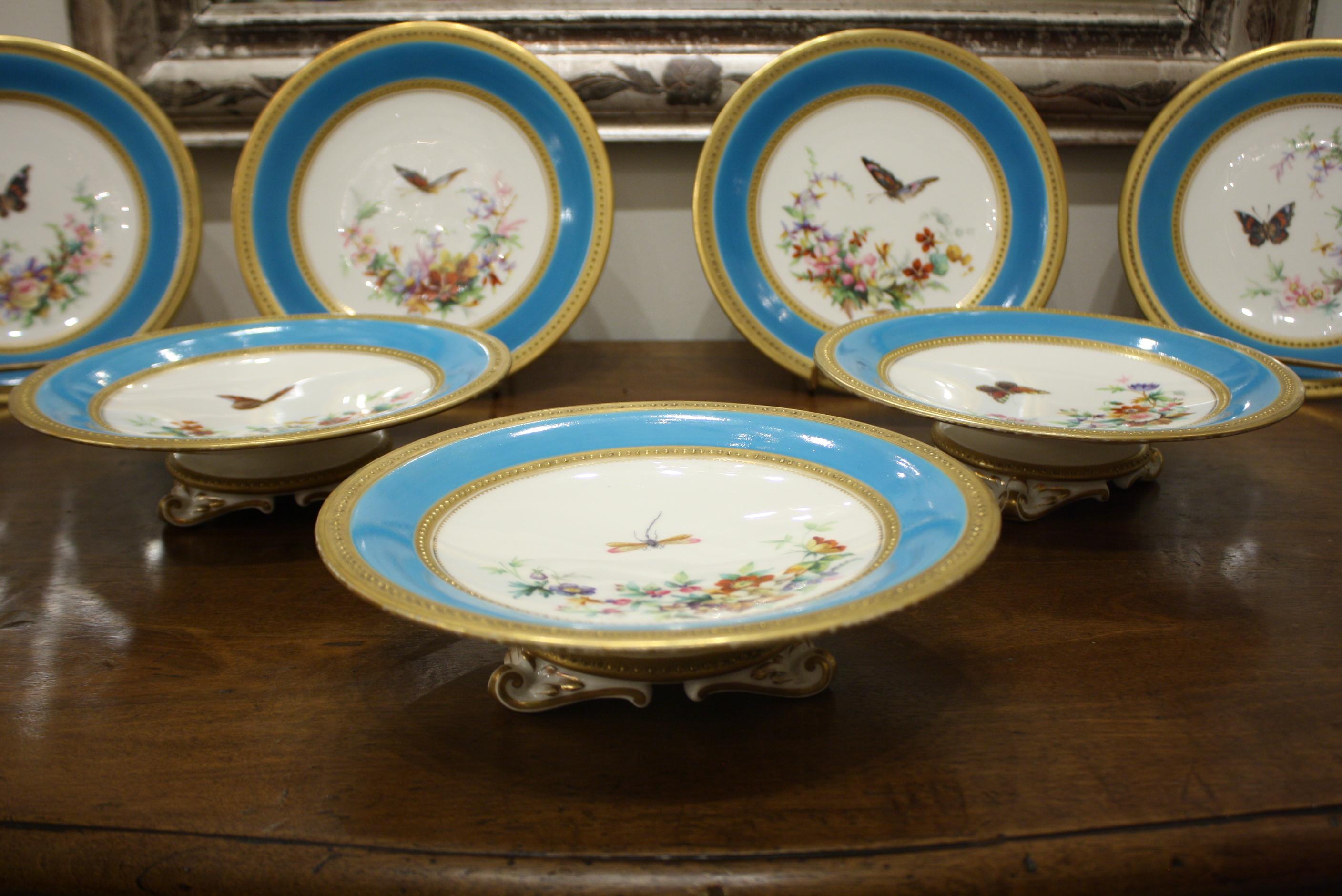 Gilt Minton Dessert Service with Butterflies and Flowers and Gold Rims For Sale
