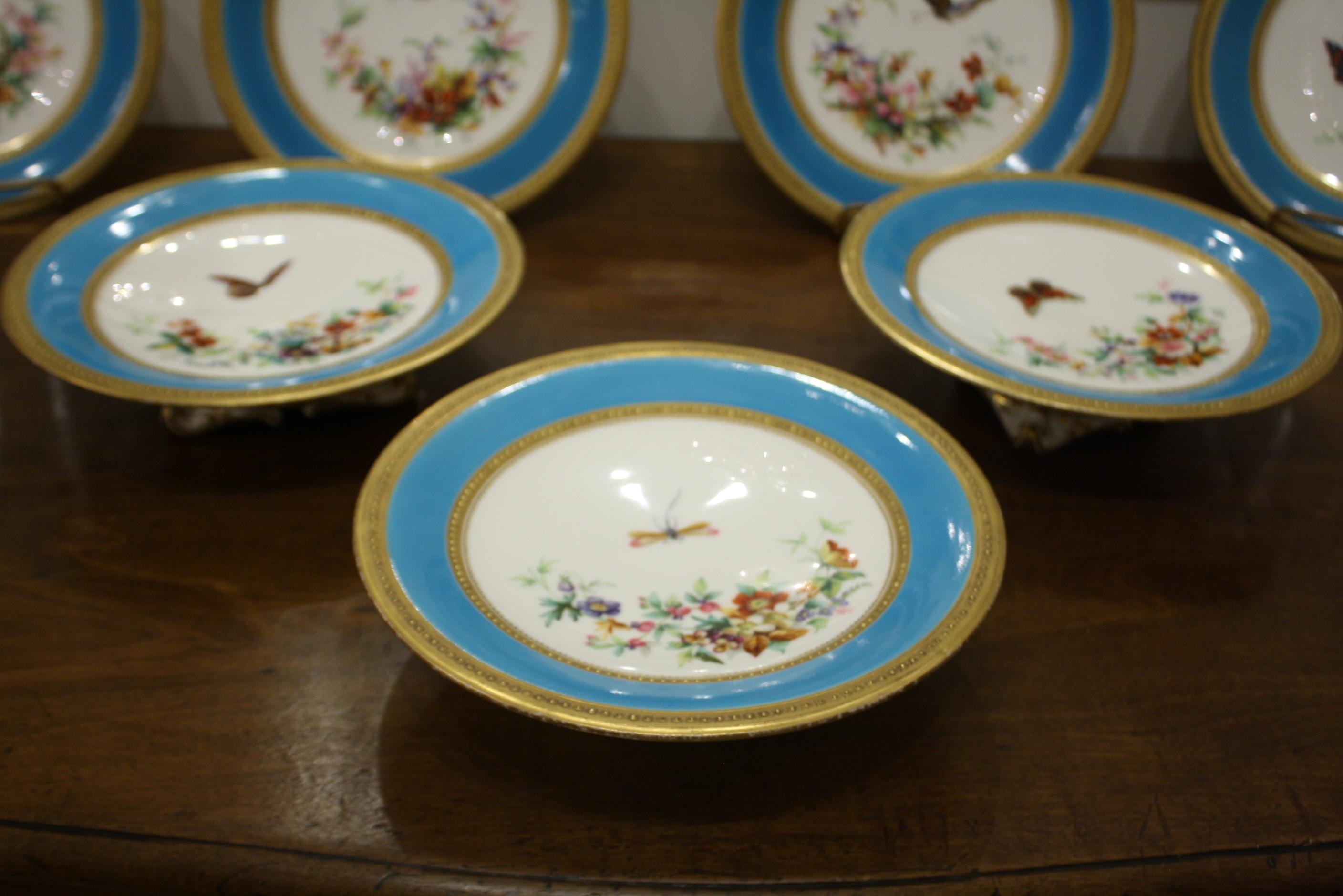 Minton Dessert Service with Butterflies and Flowers and Gold Rims In Good Condition For Sale In Pembroke, MA