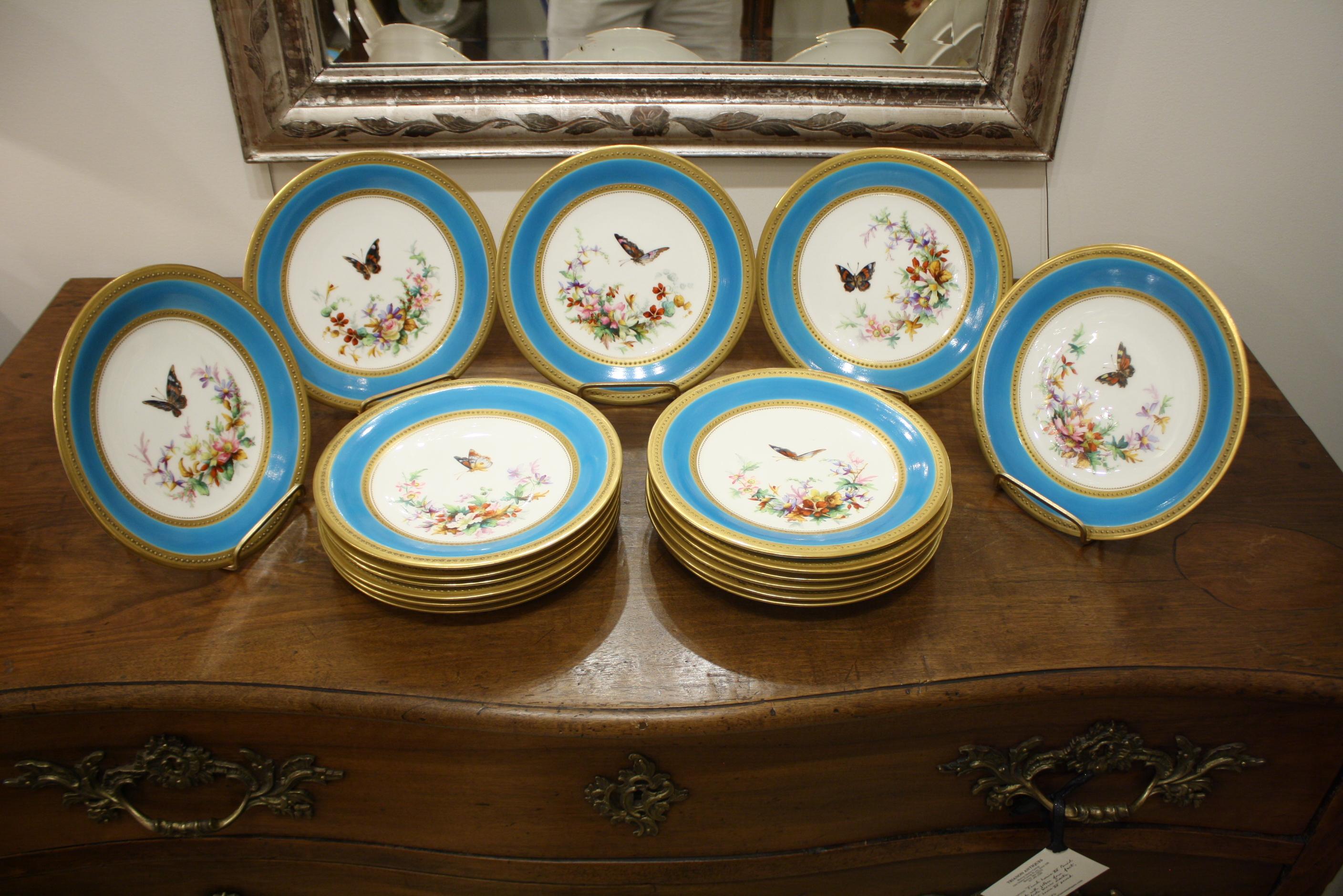 19th Century Minton Dessert Service with Butterflies and Flowers and Gold Rims For Sale
