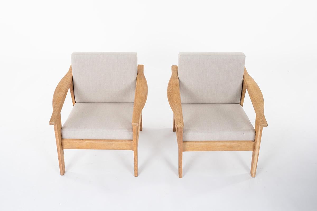 French Parisian Armchairs Oak and Natural Linen, 1950 In Good Condition In JASSANS-RIOTTIER, FR