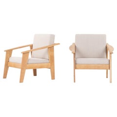 French Parisian Armchairs Oak and Natural Linen, 1950