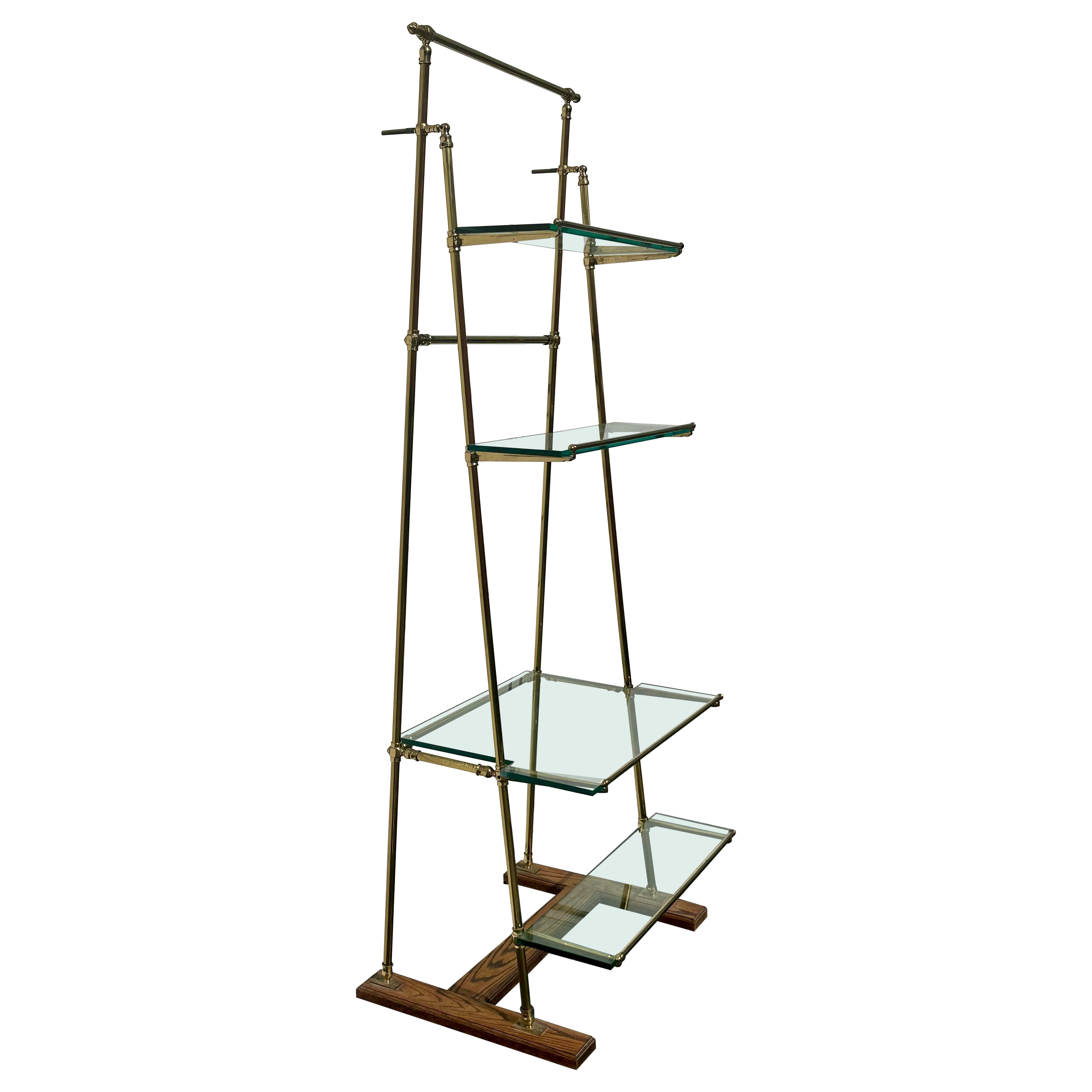 French Parisian Bar or Bistro Liquor Display Brass Glass Wood Stand Shelf For Sale