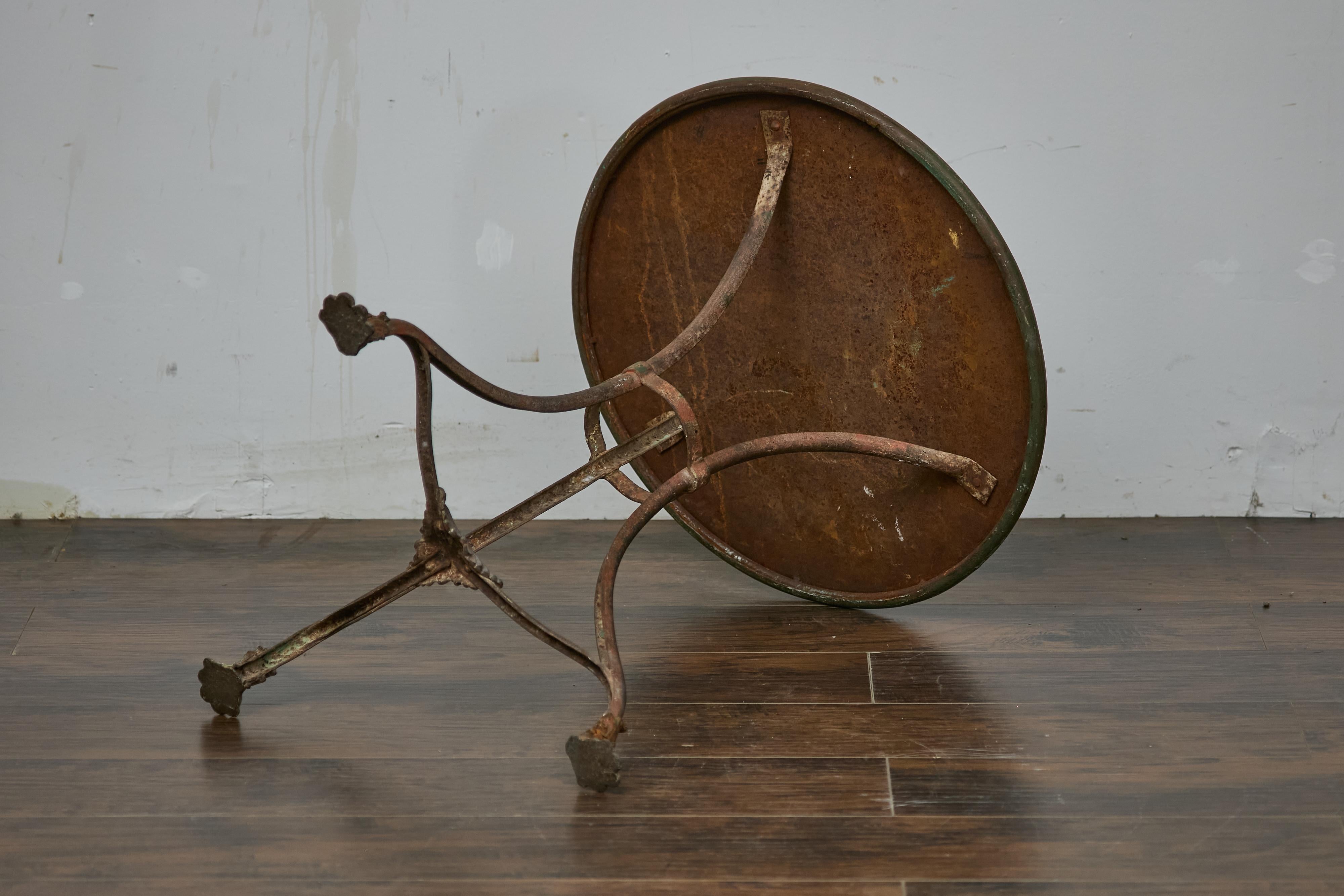 French Parisian Turn of the Century Iron Table with Round Top and Tripod Base 11