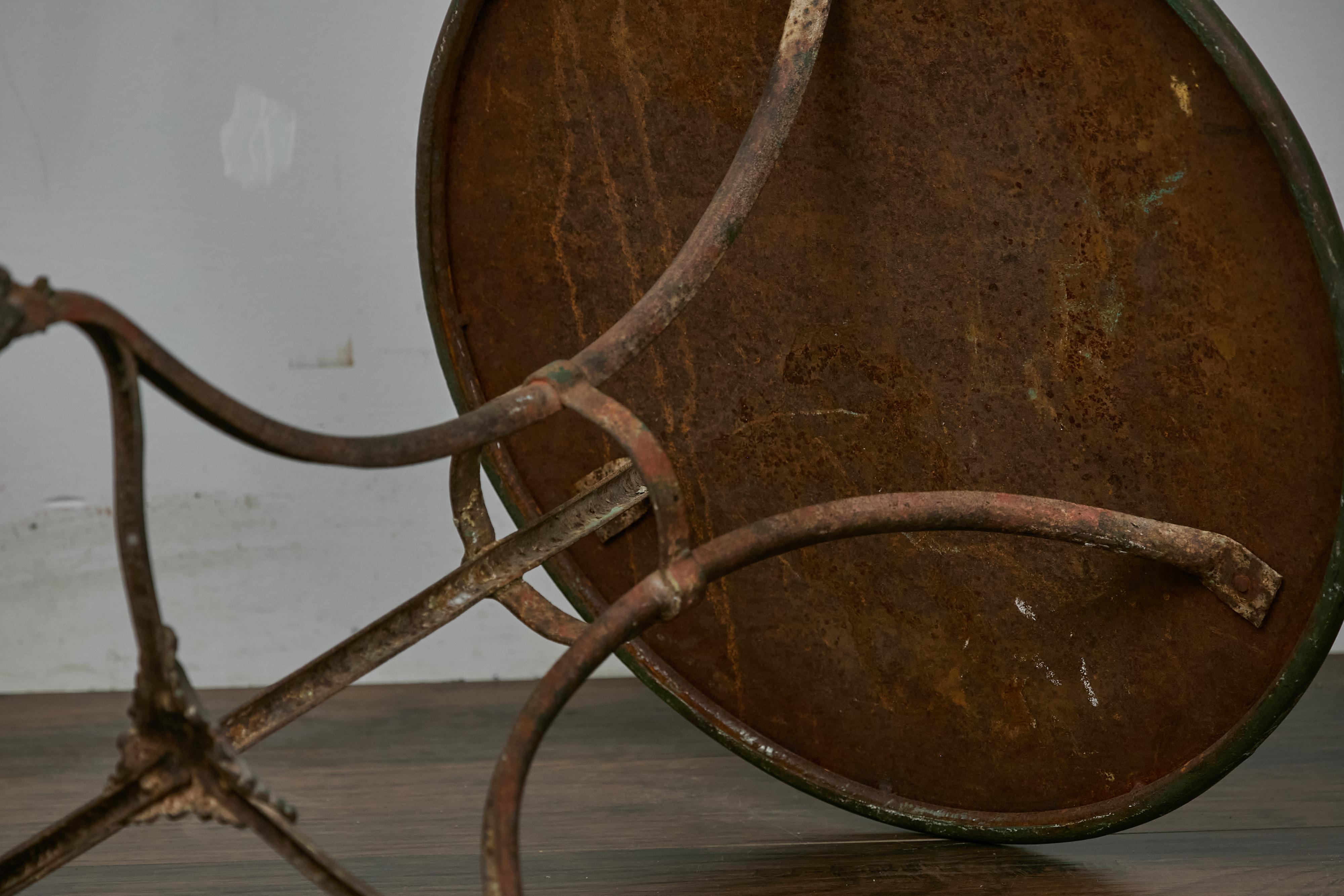 French Parisian Turn of the Century Iron Table with Round Top and Tripod Base 13
