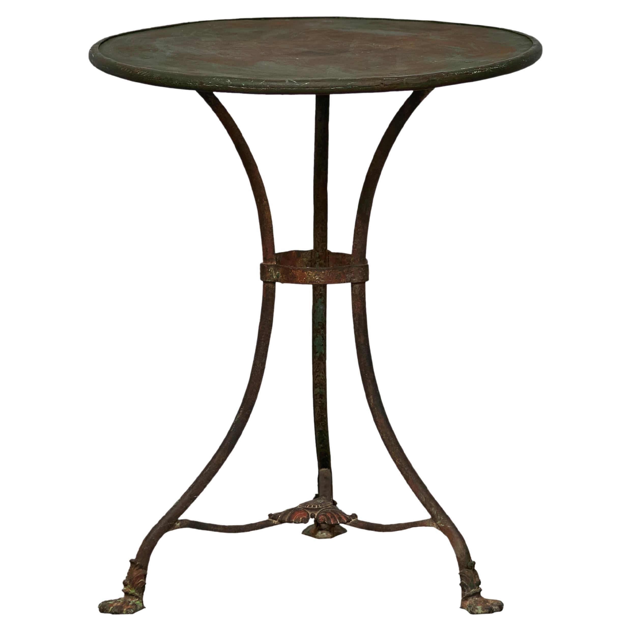French Parisian Turn of the Century Iron Table with Round Top and Tripod Base