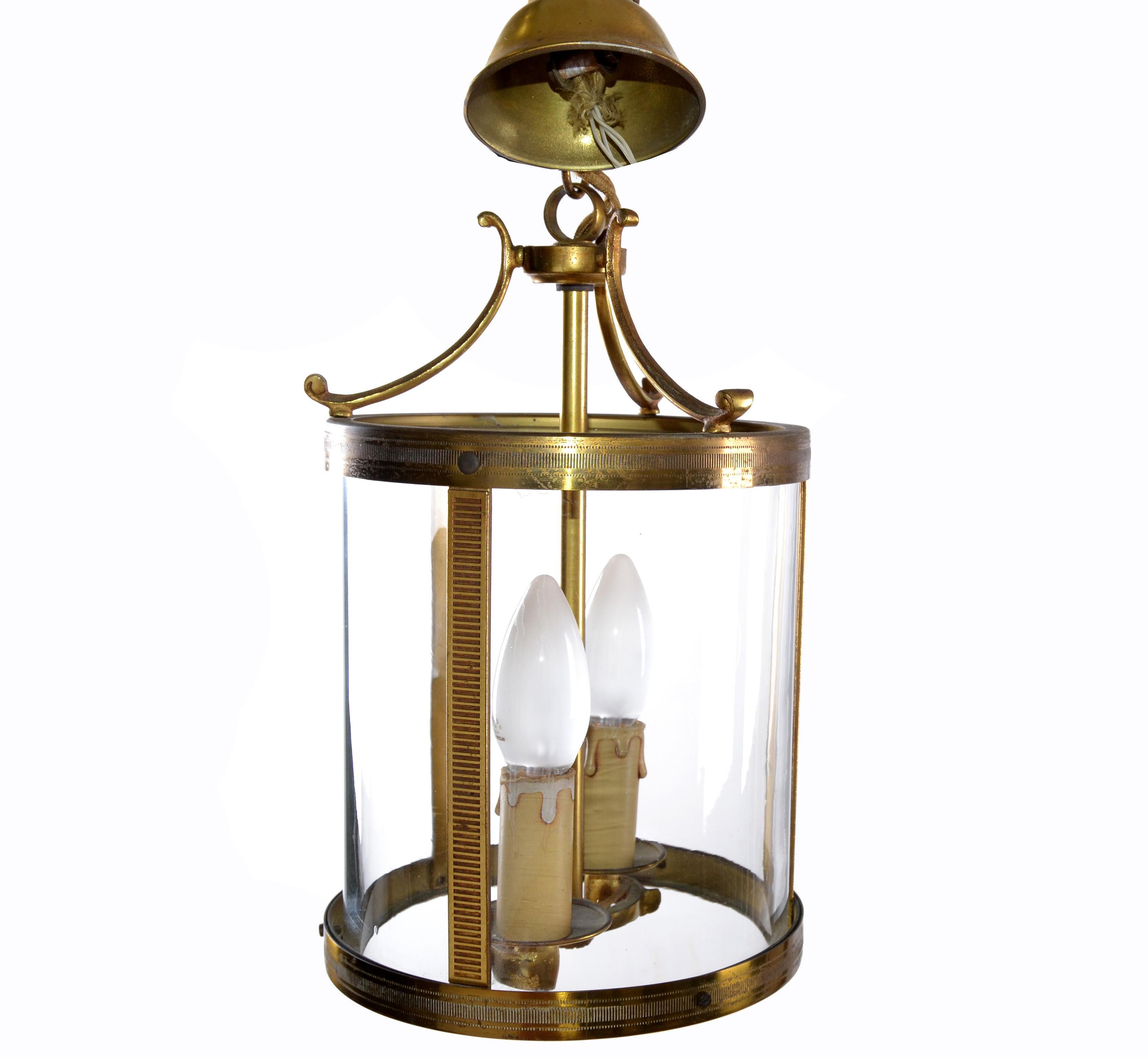 French Provincial French Parisian Two-Light Glass & Bronze Lantern with Canopy