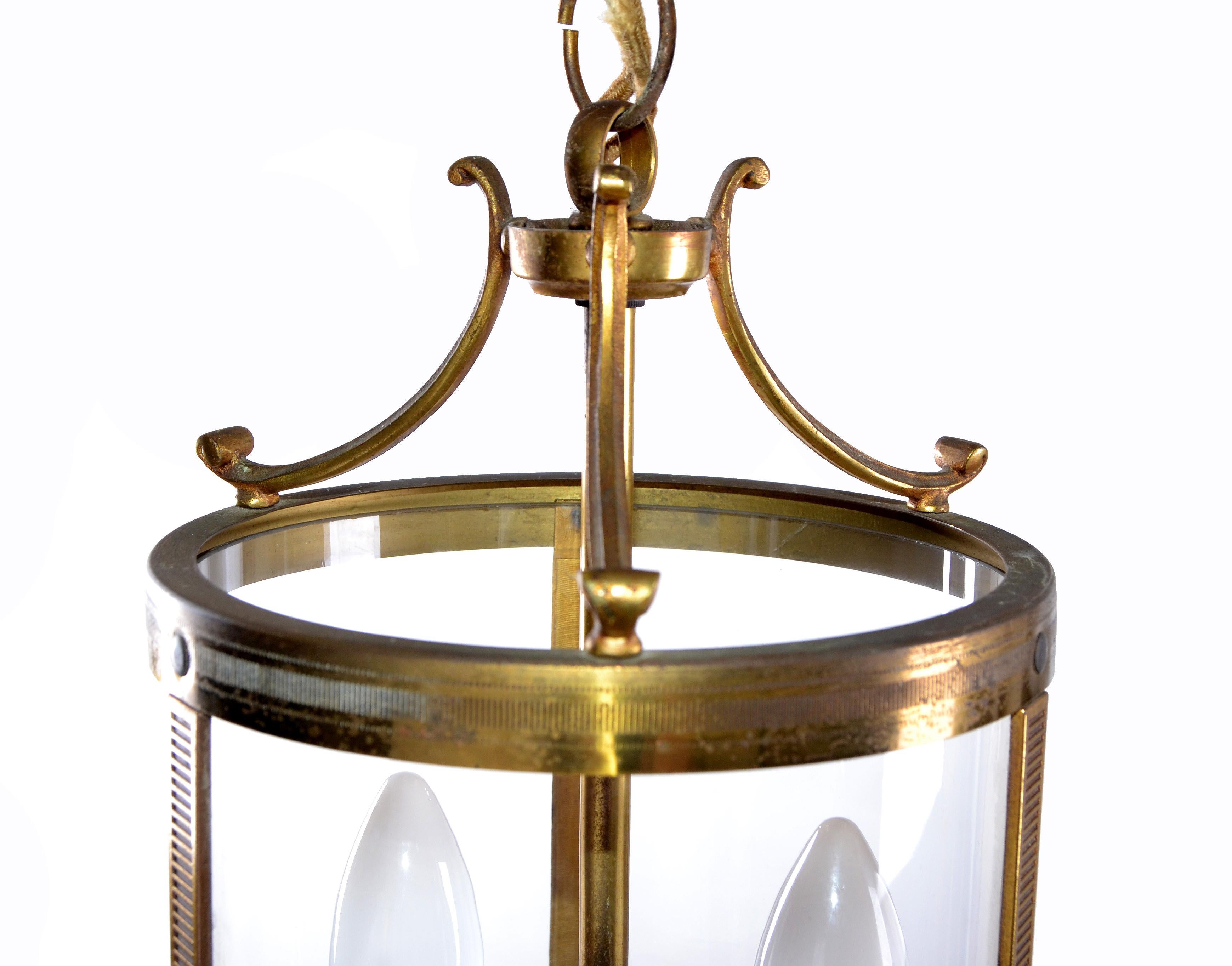 Hand-Crafted French Parisian Two-Light Glass & Bronze Lantern with Canopy