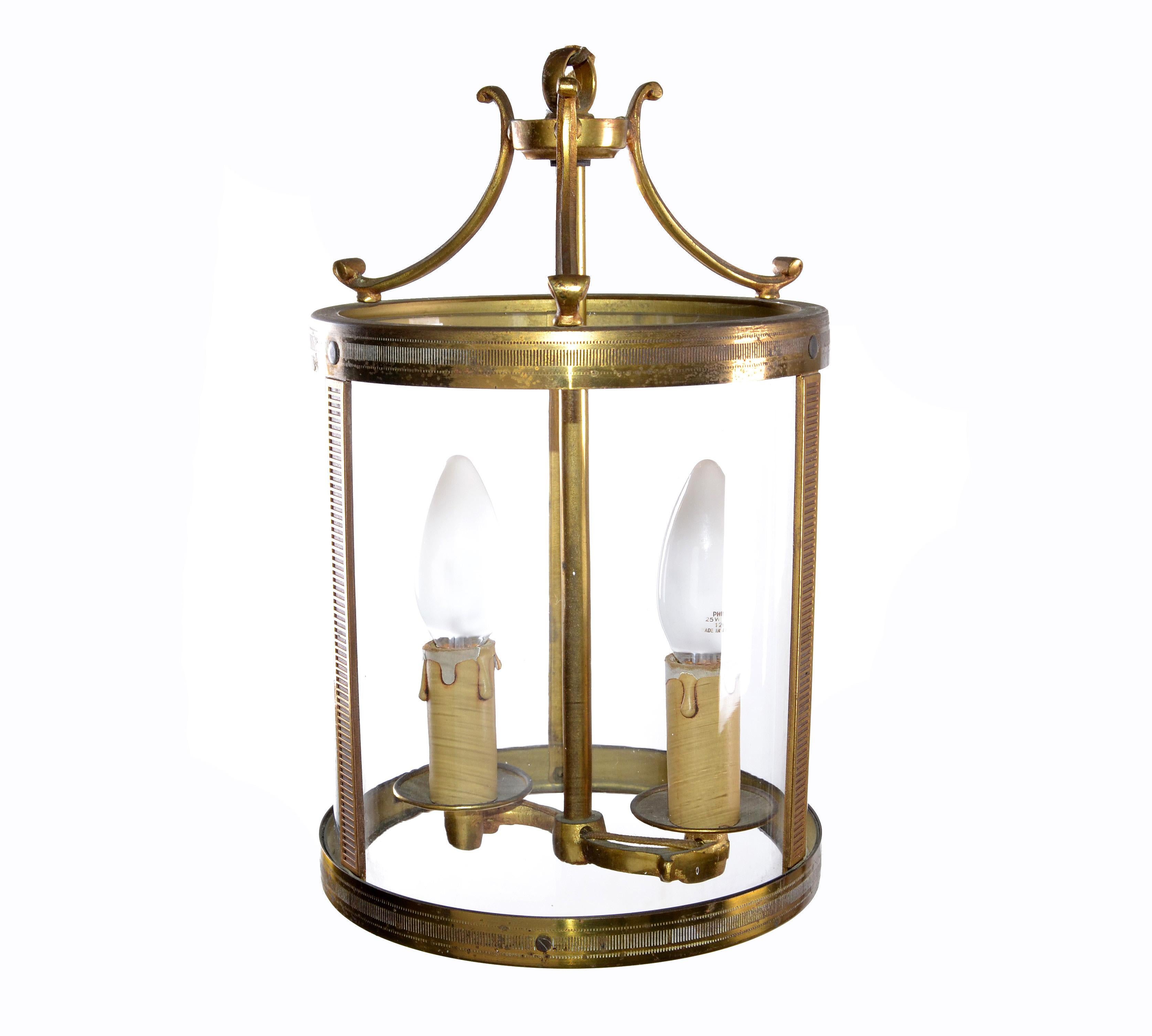 French Parisian Two-Light Glass & Bronze Lantern with Canopy In Good Condition In Miami, FL