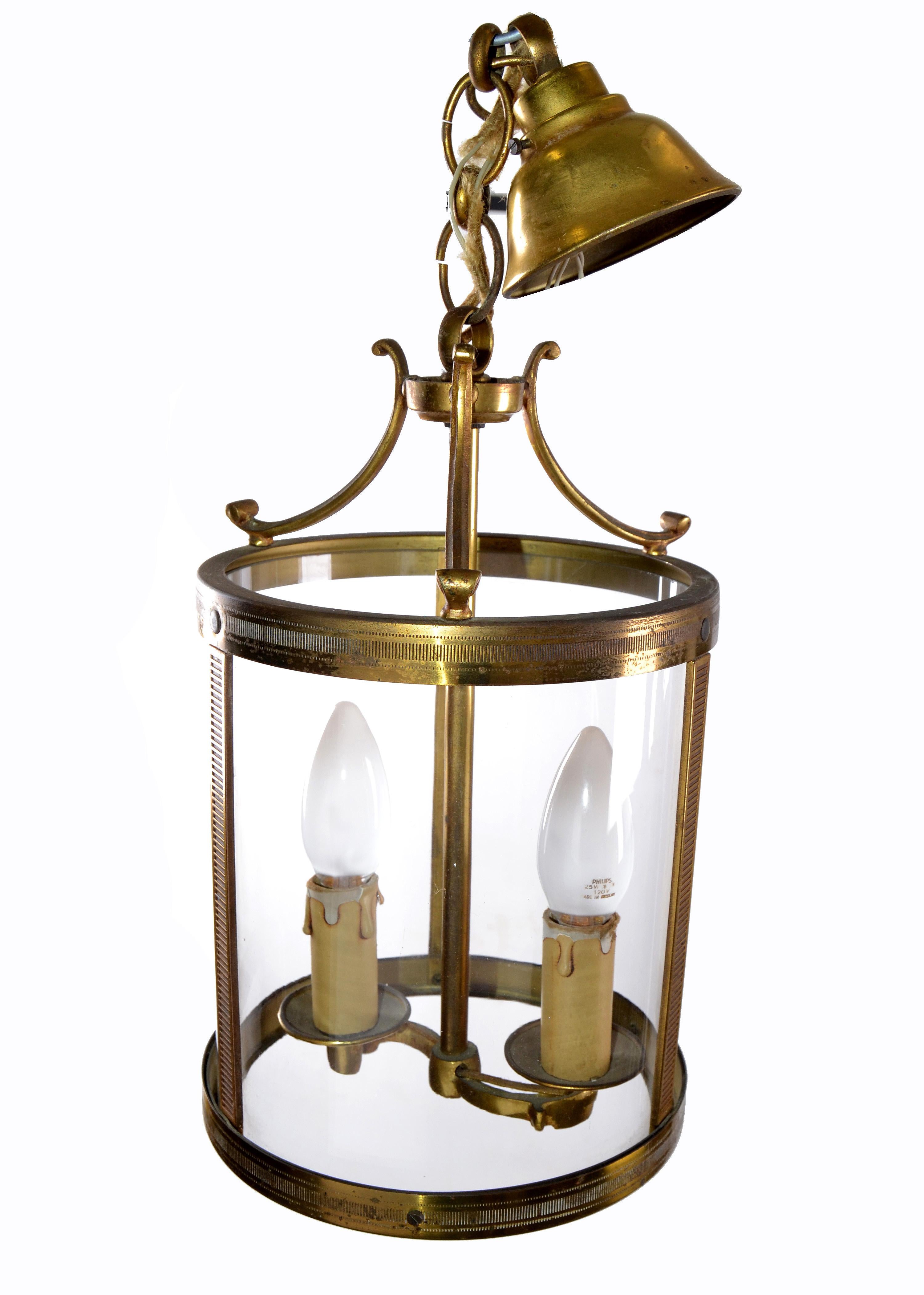 20th Century French Parisian Two-Light Glass & Bronze Lantern with Canopy