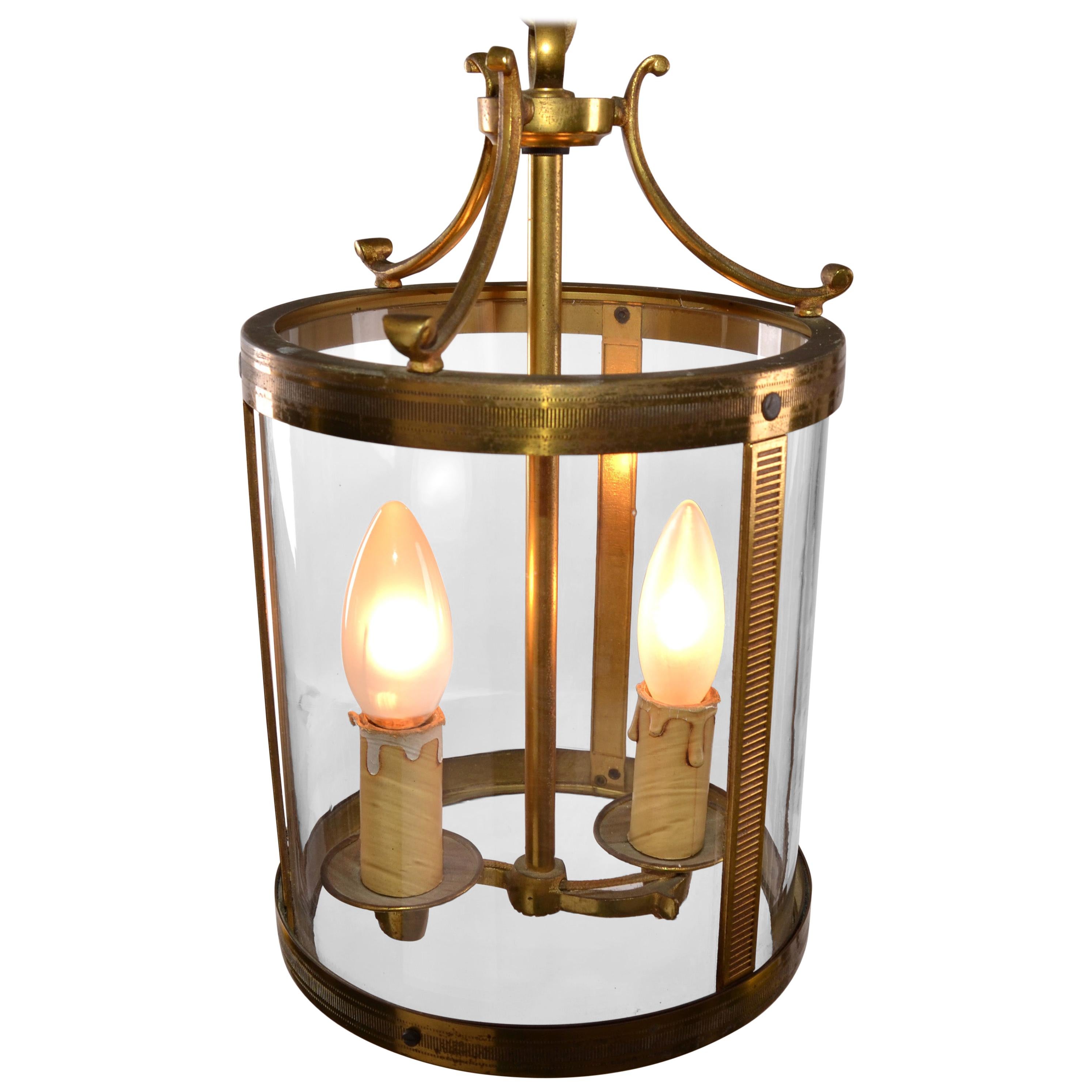 French Parisian Two-Light Glass & Bronze Lantern with Canopy