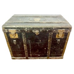 French Parisienne Black wood and brass travel trunk - 19th Paris France