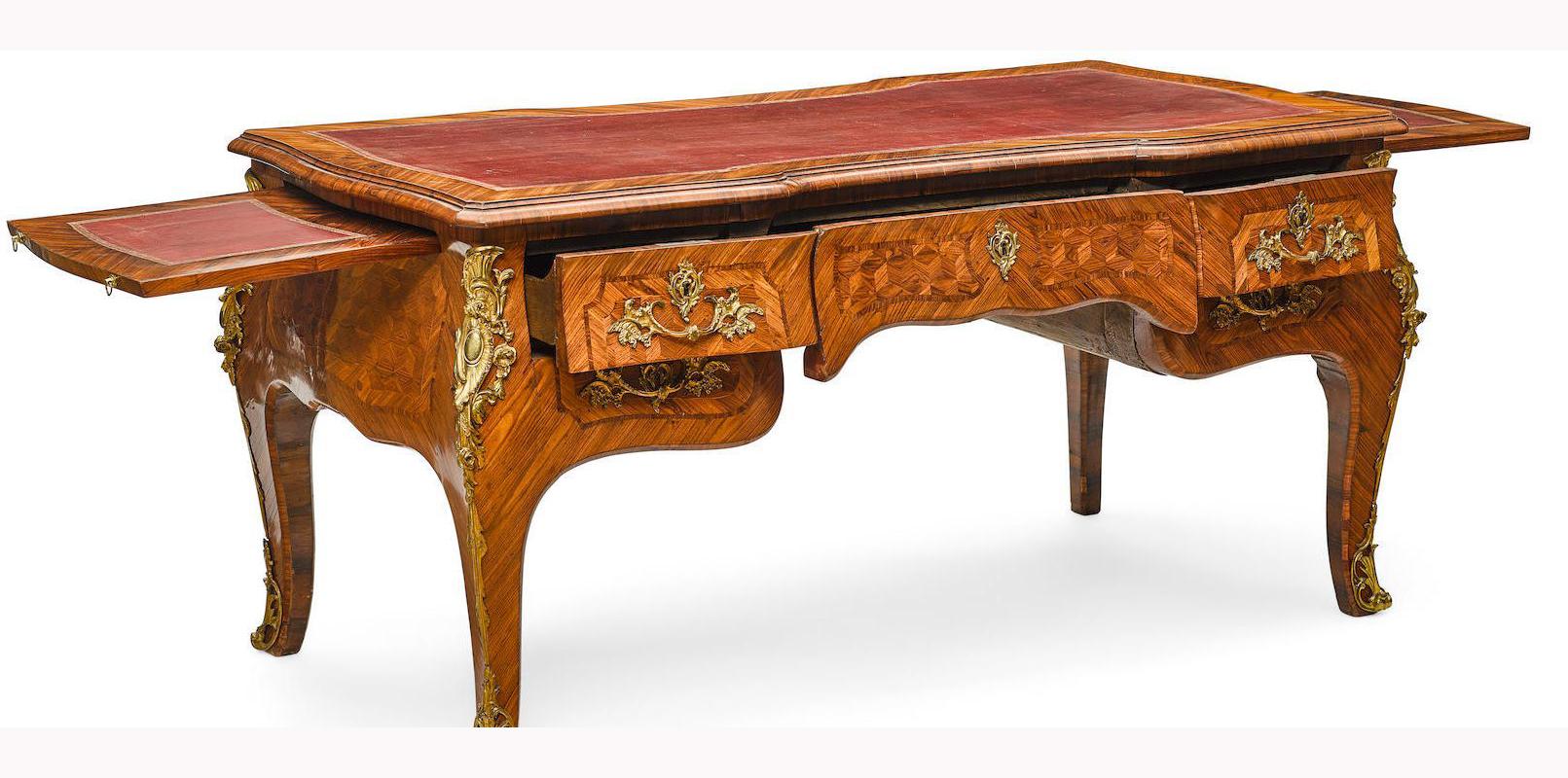 Gilt French Parquetry Bureau Plat Partner Desk, 19th Century