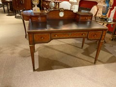 French Parquetry Inlaid Desk with Leather Top and Inset Clock