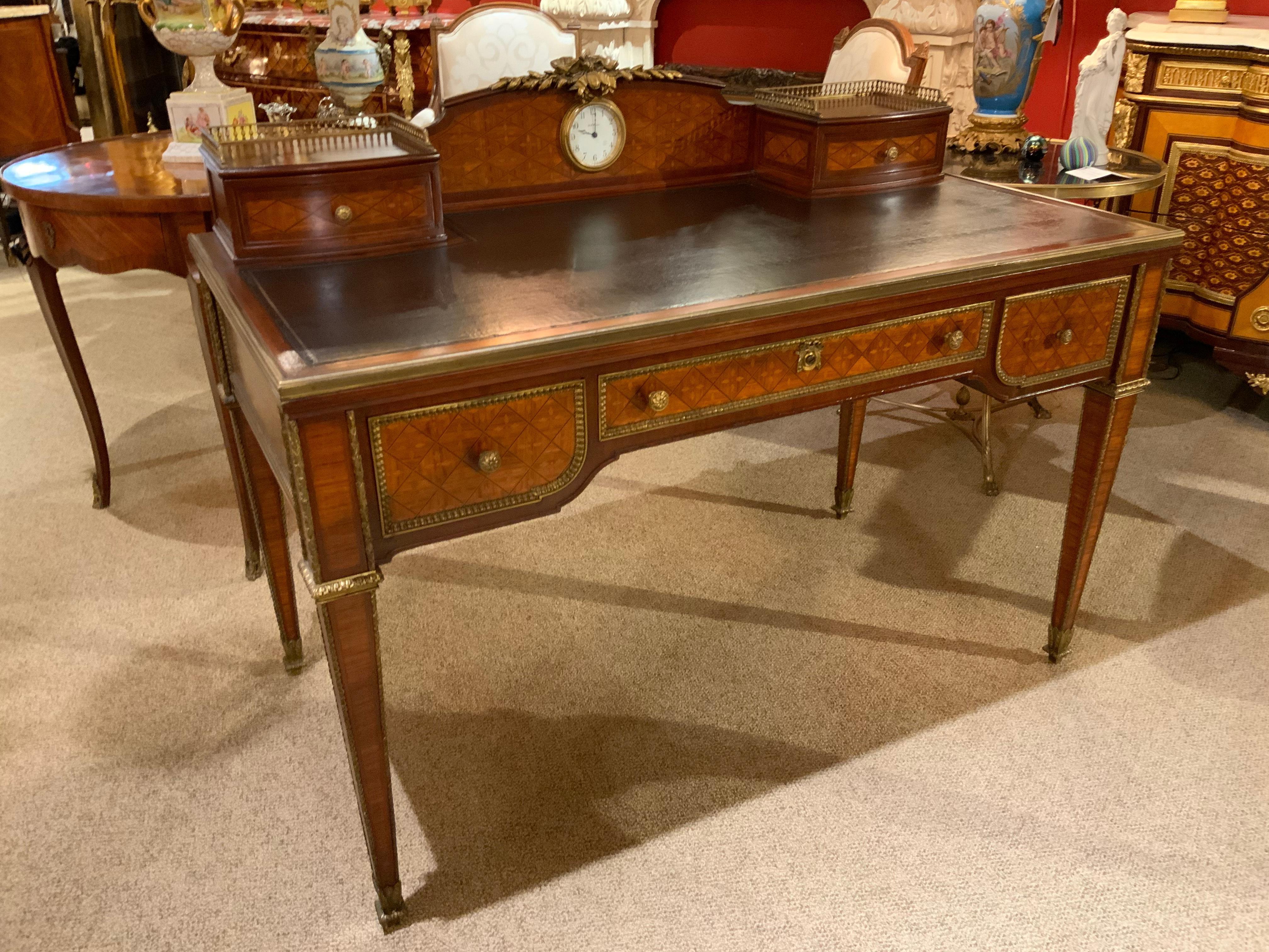 Louis XVI French Parquetry Inlaid Desk with Leather Top and Inset Clock