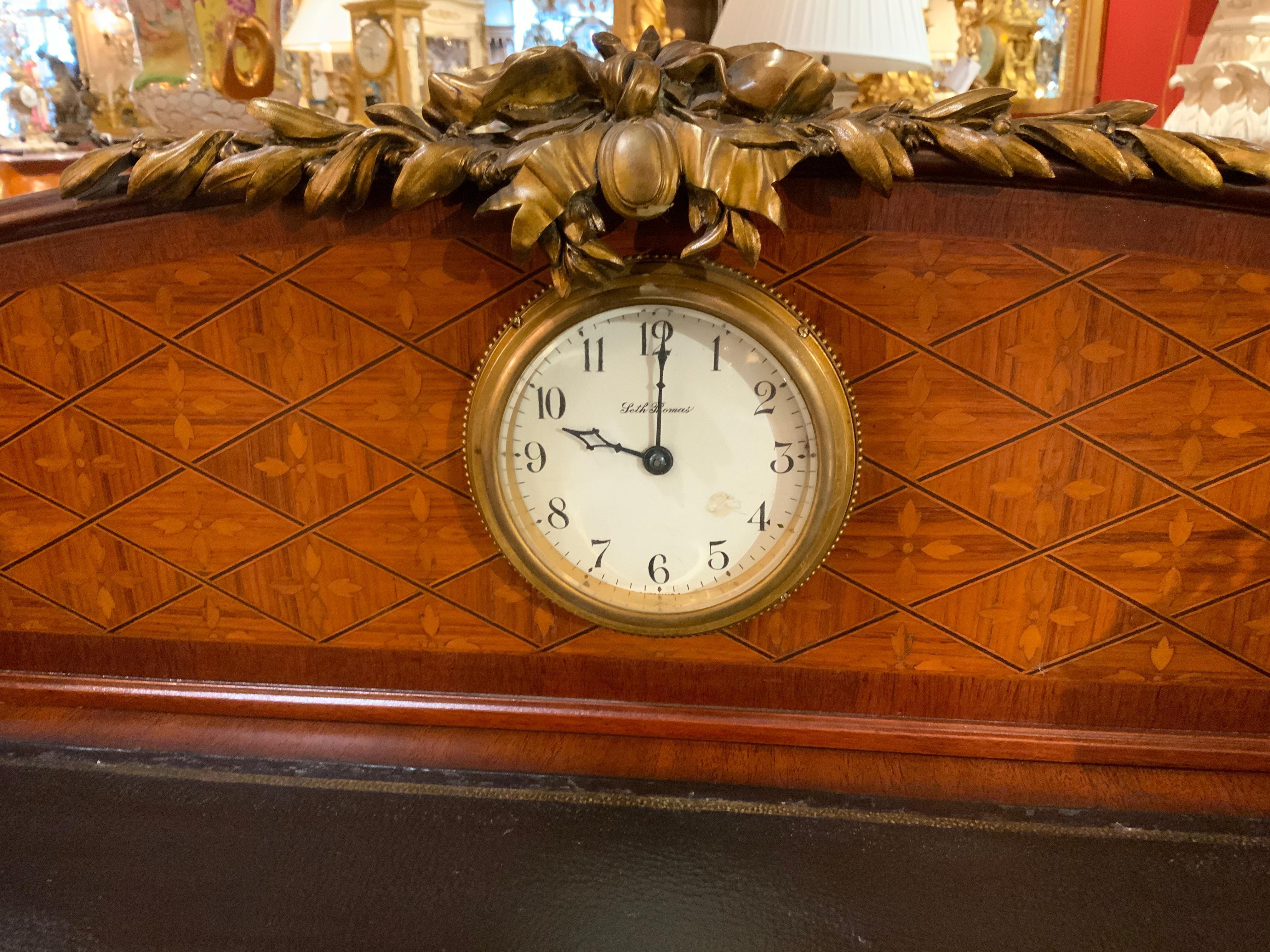 20th Century French Parquetry Inlaid Desk with Leather Top and Inset Clock