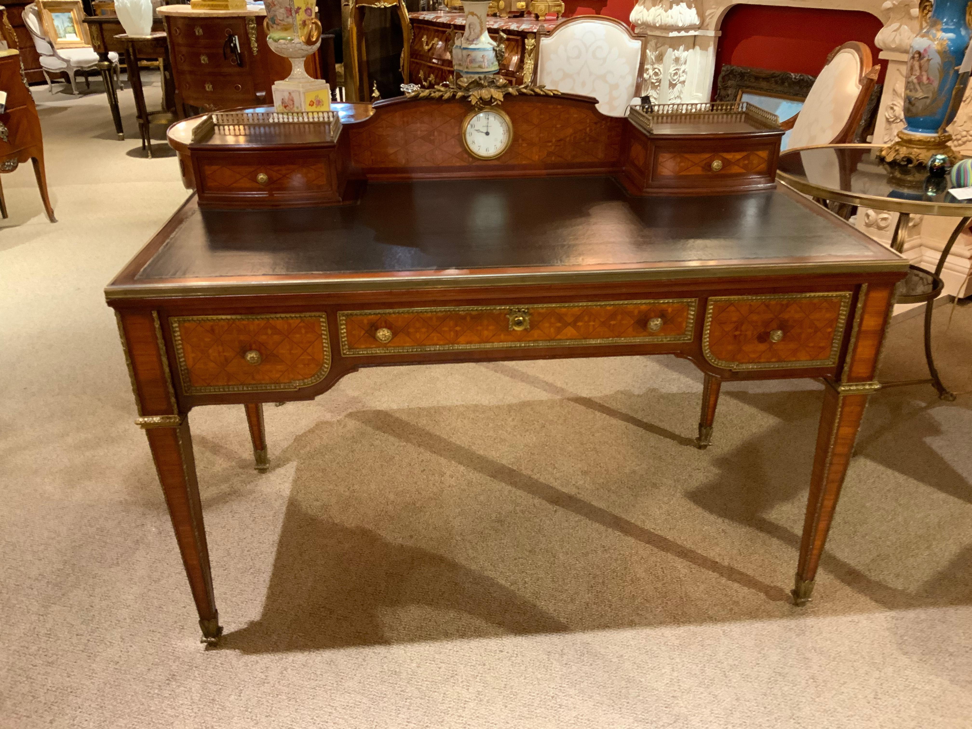 Walnut French Parquetry Inlaid Desk with Leather Top and Inset Clock
