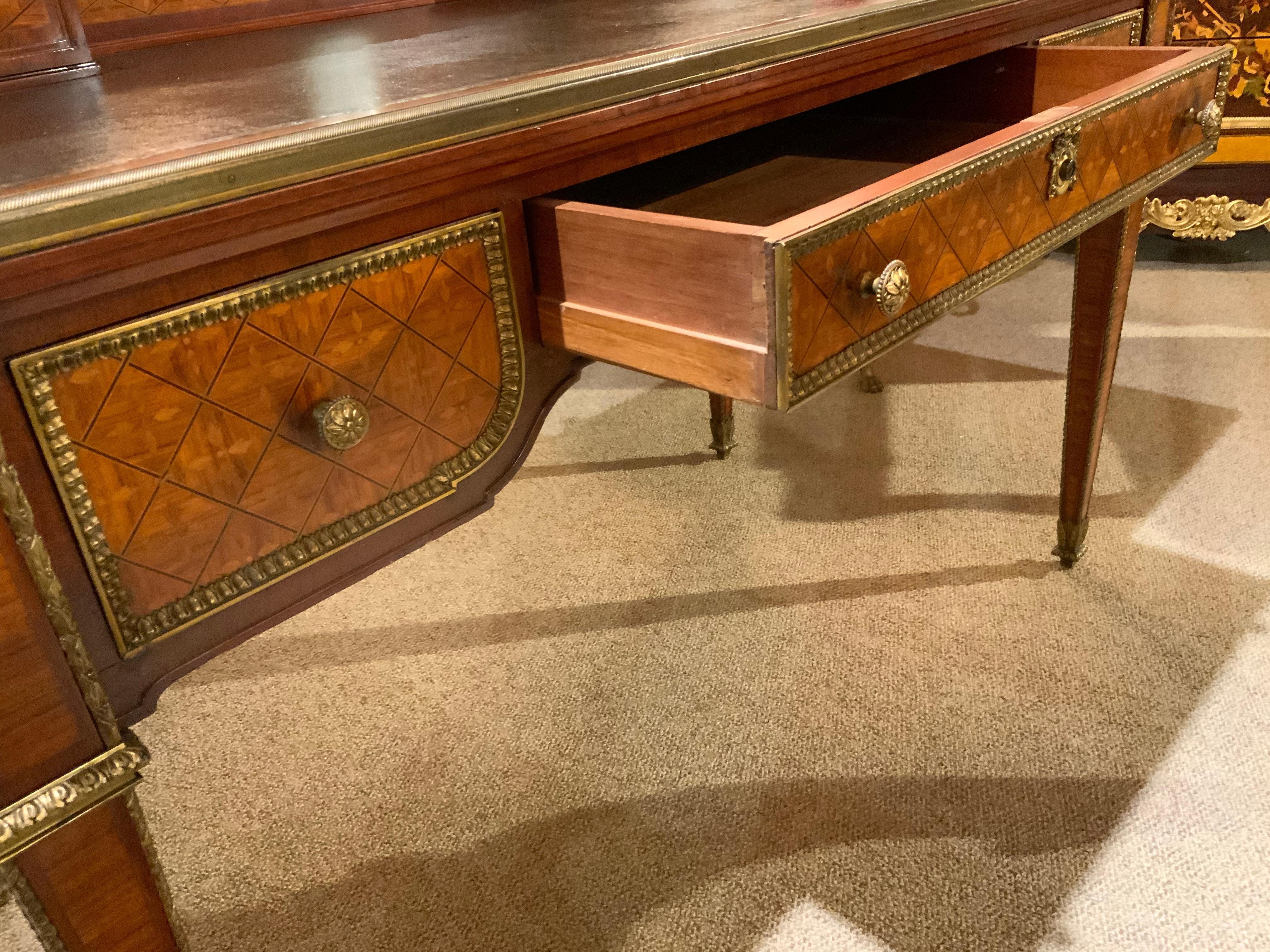 French Parquetry Inlaid Desk with Leather Top and Inset Clock 1
