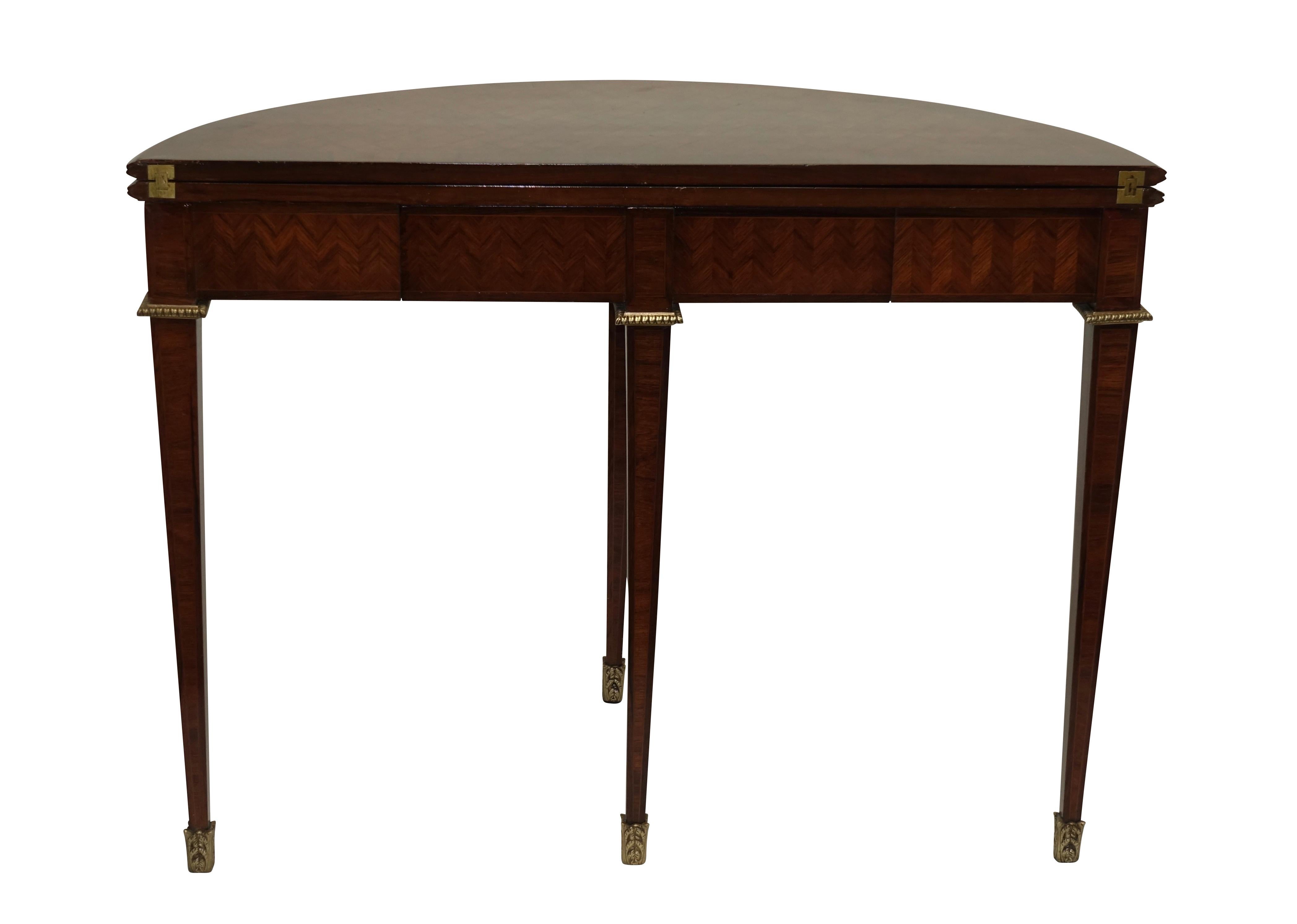 French Parquetry Rosewood and Kingwood Demilune Game Table For Sale 6