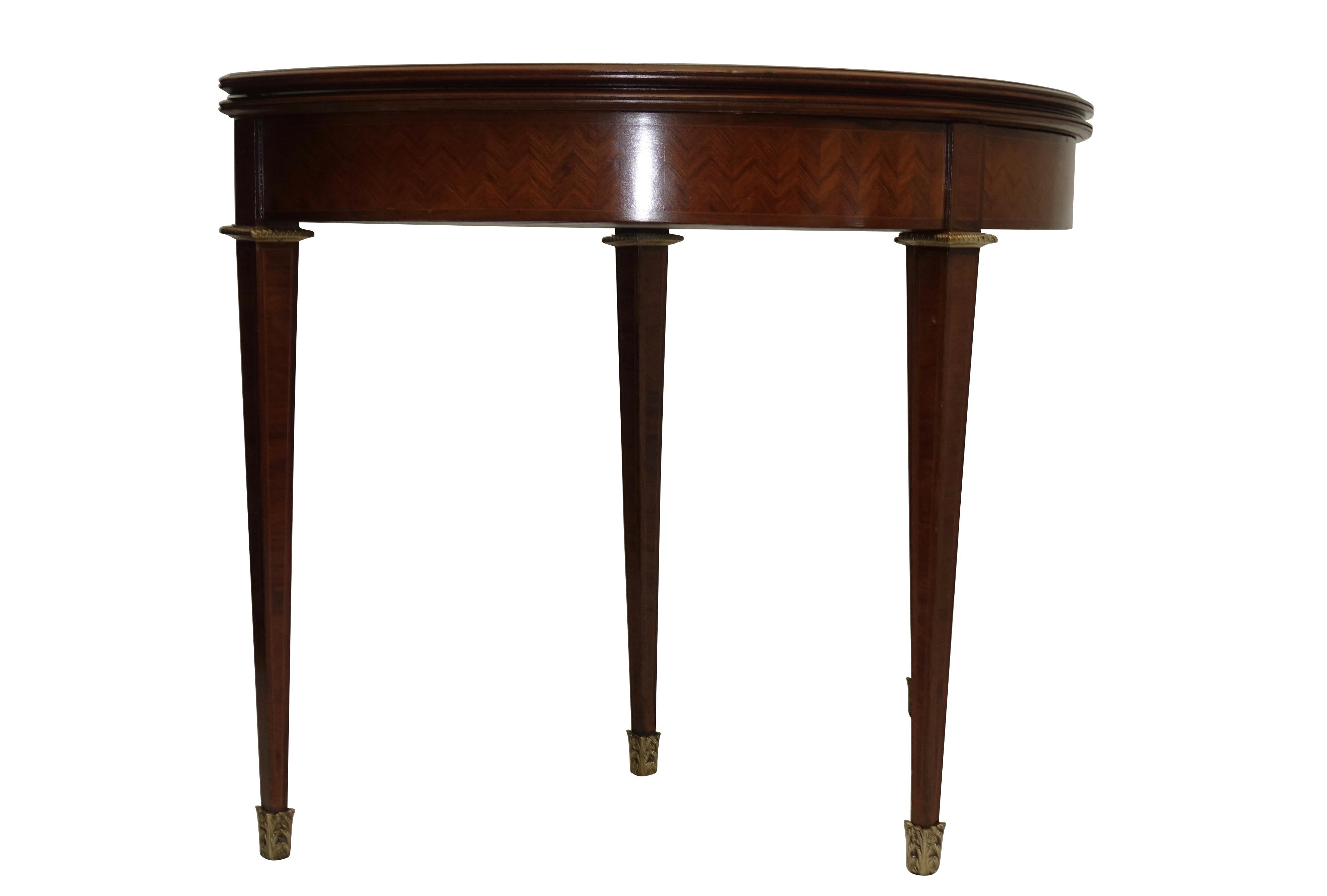 French Parquetry Rosewood and Kingwood Demilune Game Table In Good Condition For Sale In San Francisco, CA