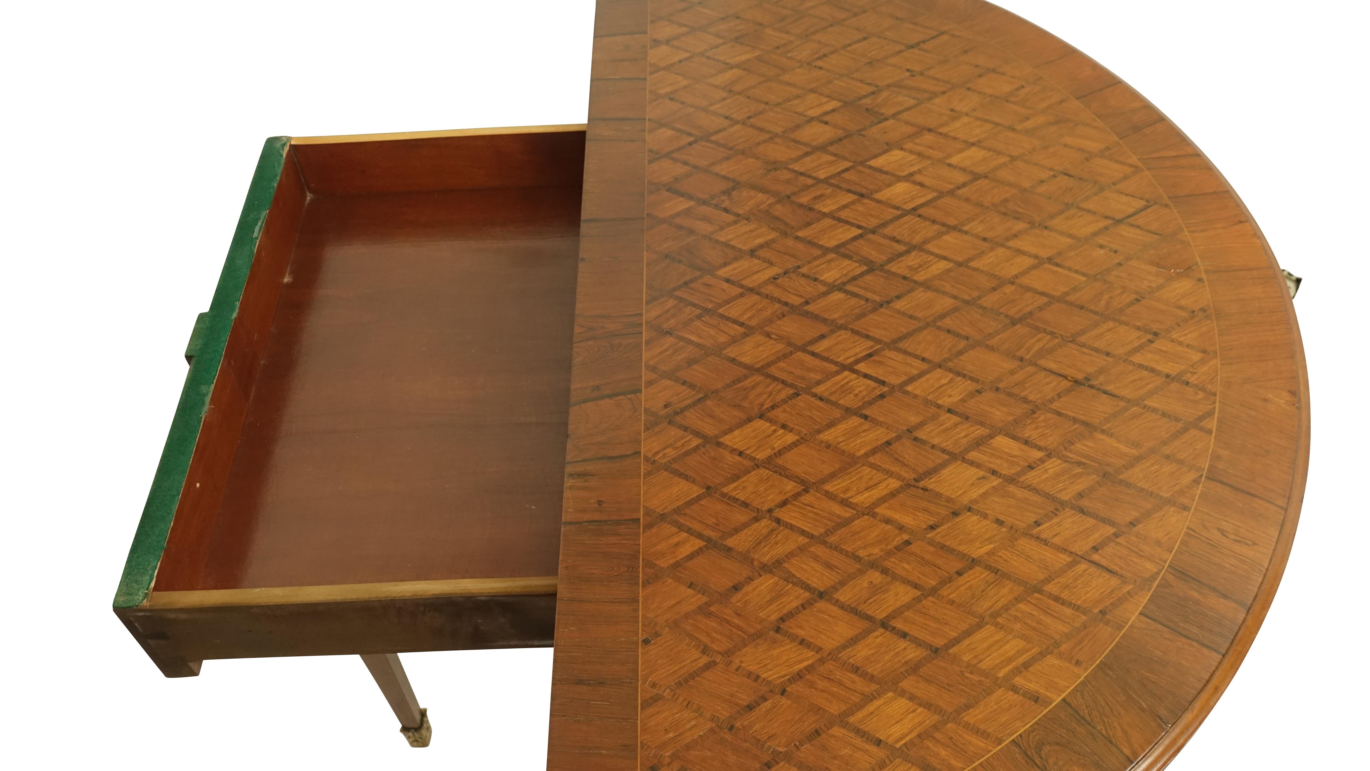 Brass French Parquetry Rosewood and Kingwood Demilune Game Table For Sale