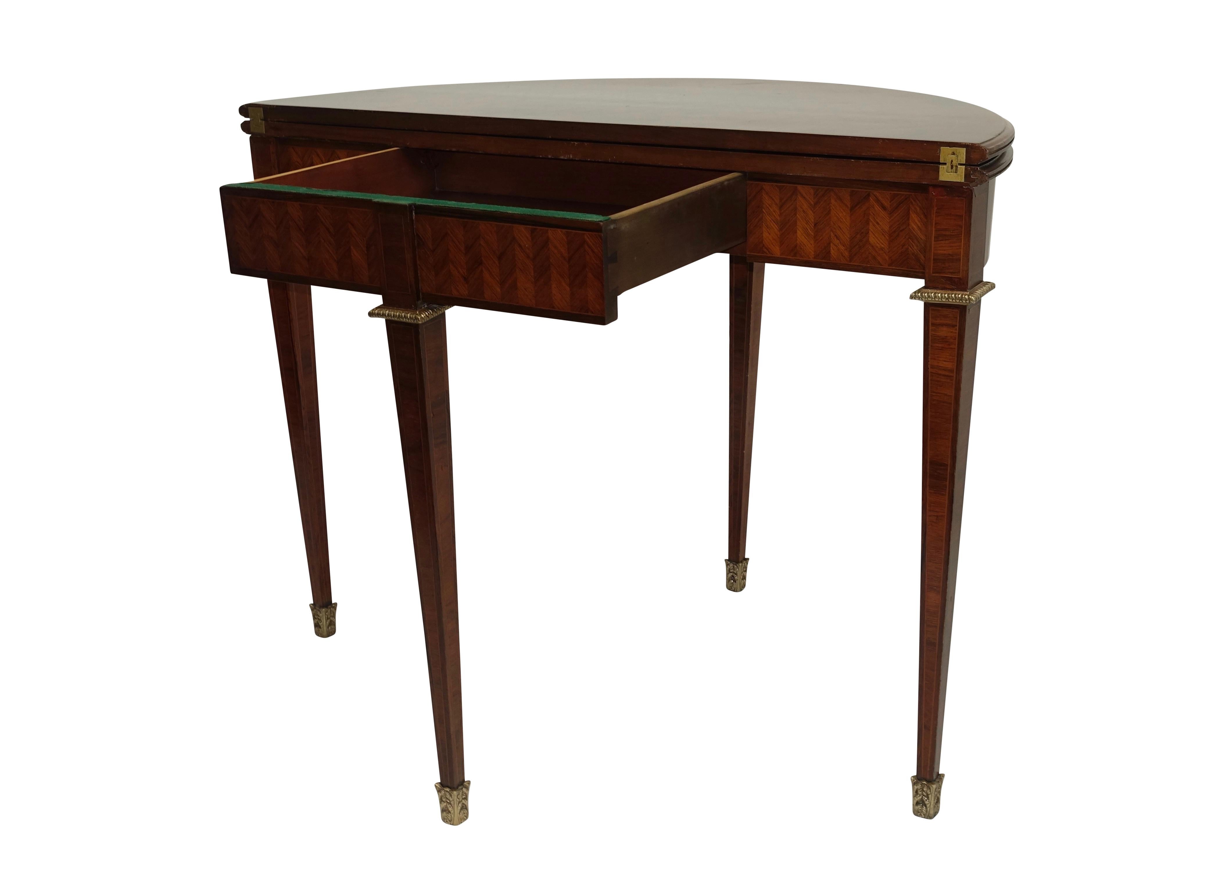 French Parquetry Rosewood and Kingwood Demilune Game Table For Sale 3