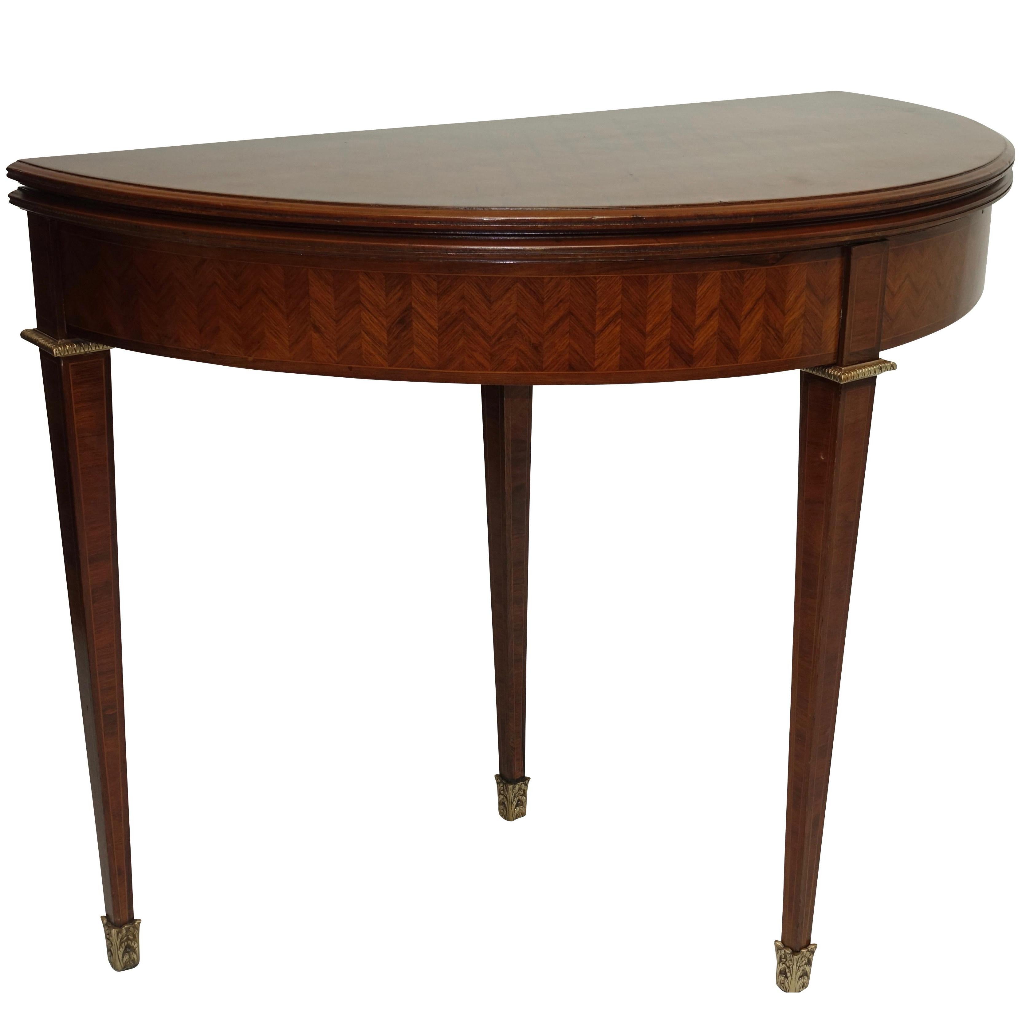French Parquetry Rosewood and Kingwood Demilune Game Table For Sale
