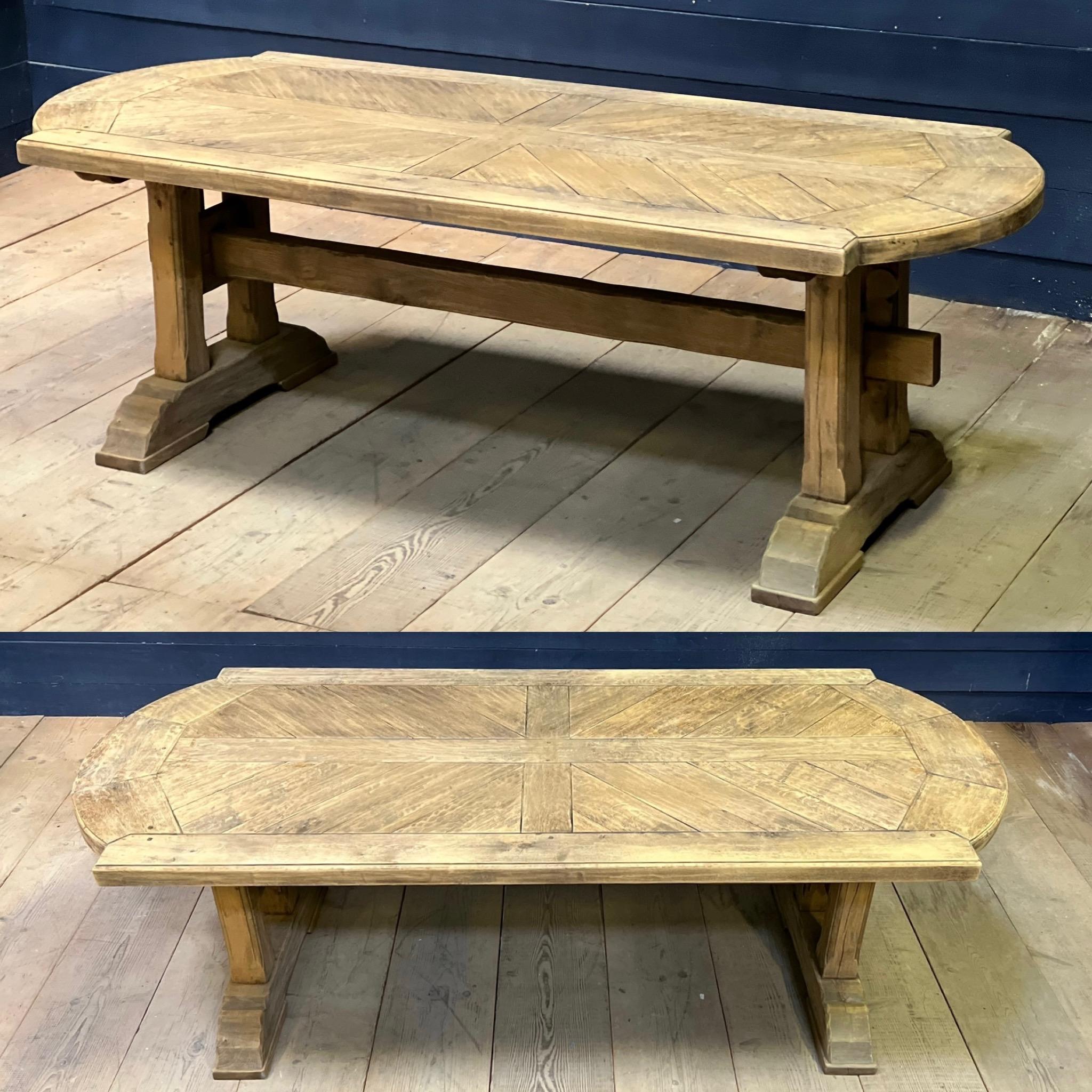 French Parquetry Top Bleached Oak Farmhouse Dining Table For Sale 14