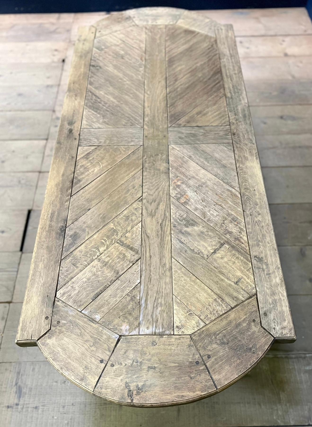 Early 20th Century French Parquetry Top Bleached Oak Farmhouse Dining Table For Sale