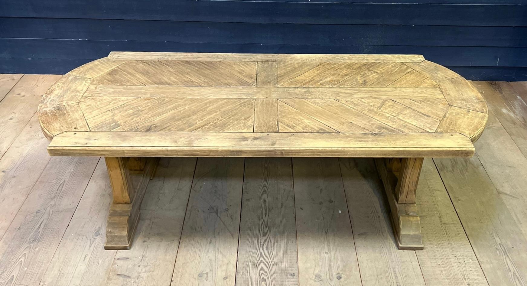 French Parquetry Top Bleached Oak Farmhouse Dining Table For Sale 1
