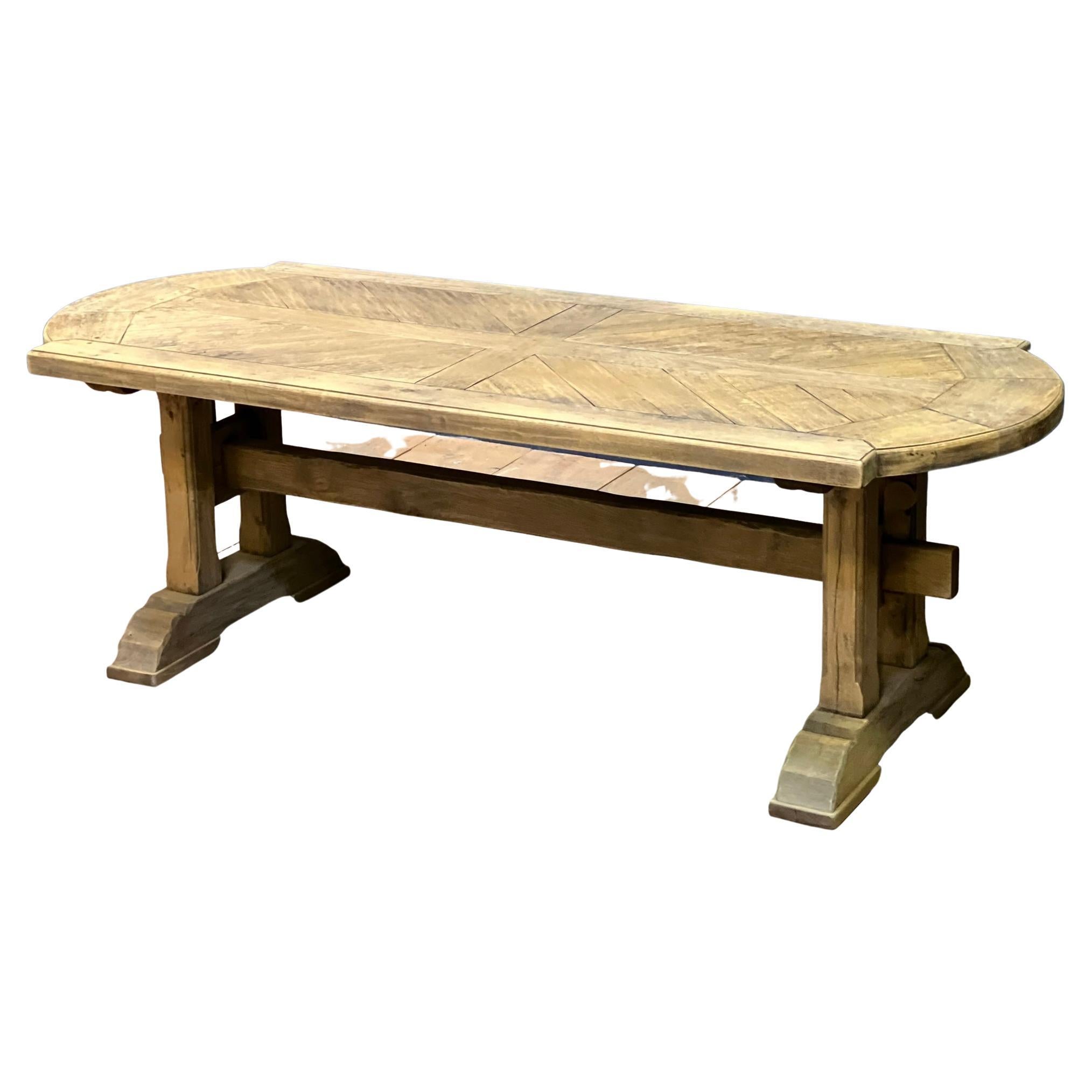 French Parquetry Top Bleached Oak Farmhouse Dining Table For Sale