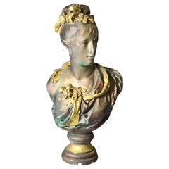 French Partial Gilt Chalk Portrait Sculpture of Woman after Carrier Belleuse