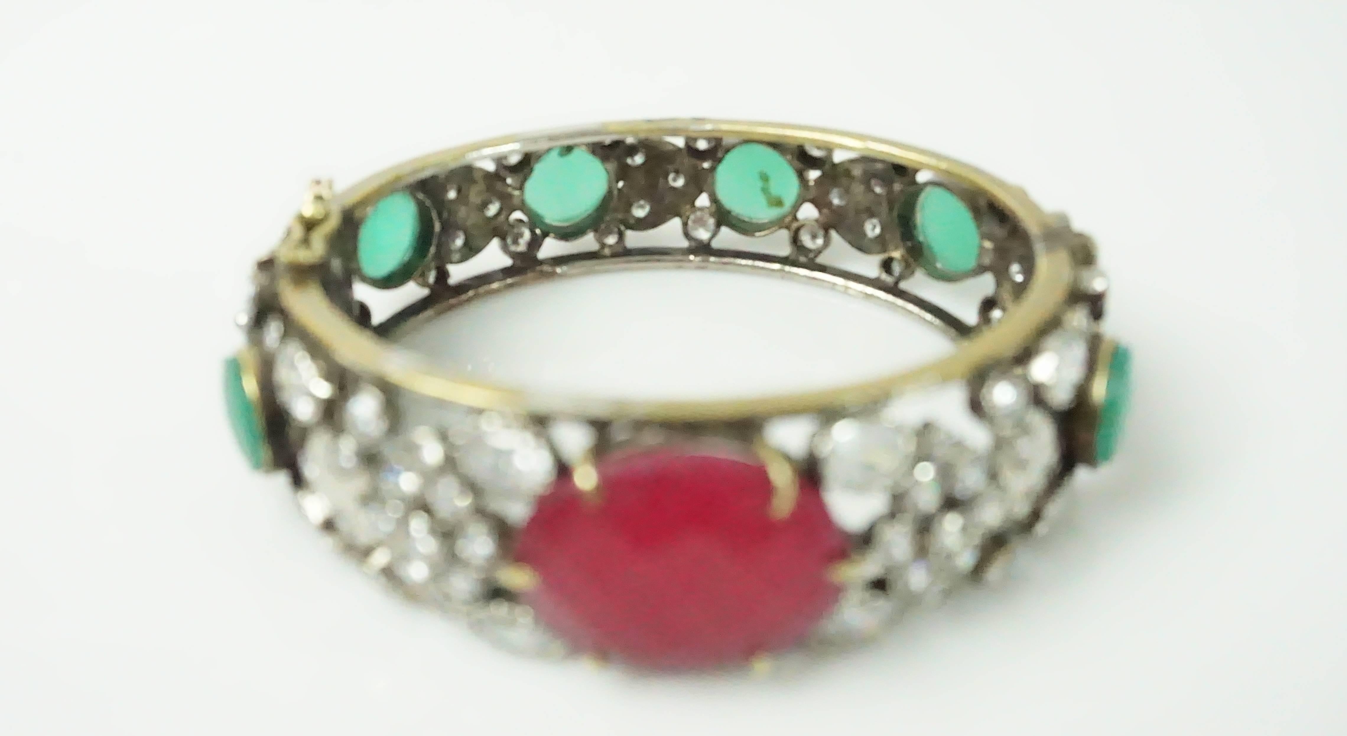 French Paste and Red/Green Cabochon Bangle - Circa 30's In Excellent Condition In West Palm Beach, FL