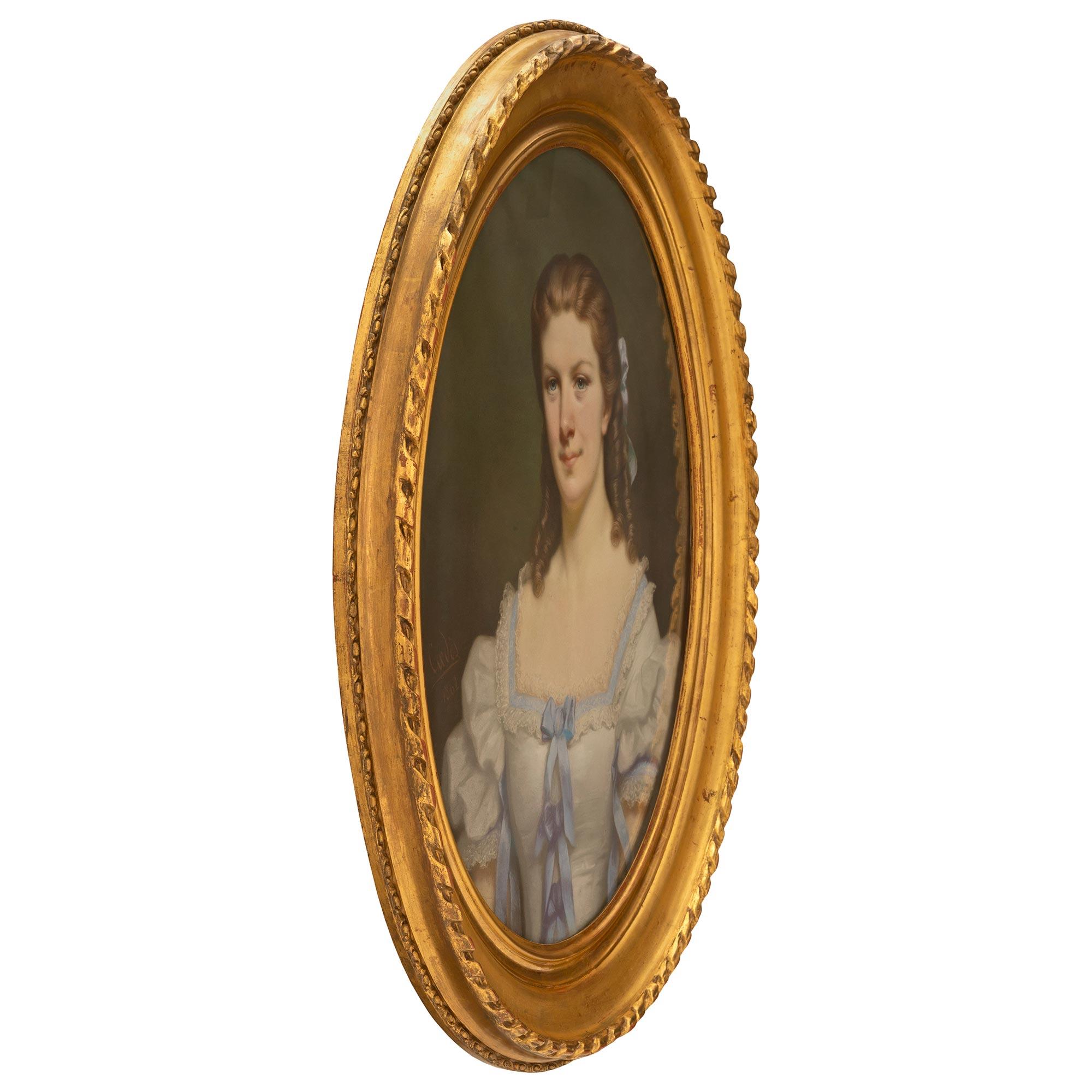 Louis XVI French Pastel of a Portrait of a Young Lady Wearing a Formal Dress For Sale