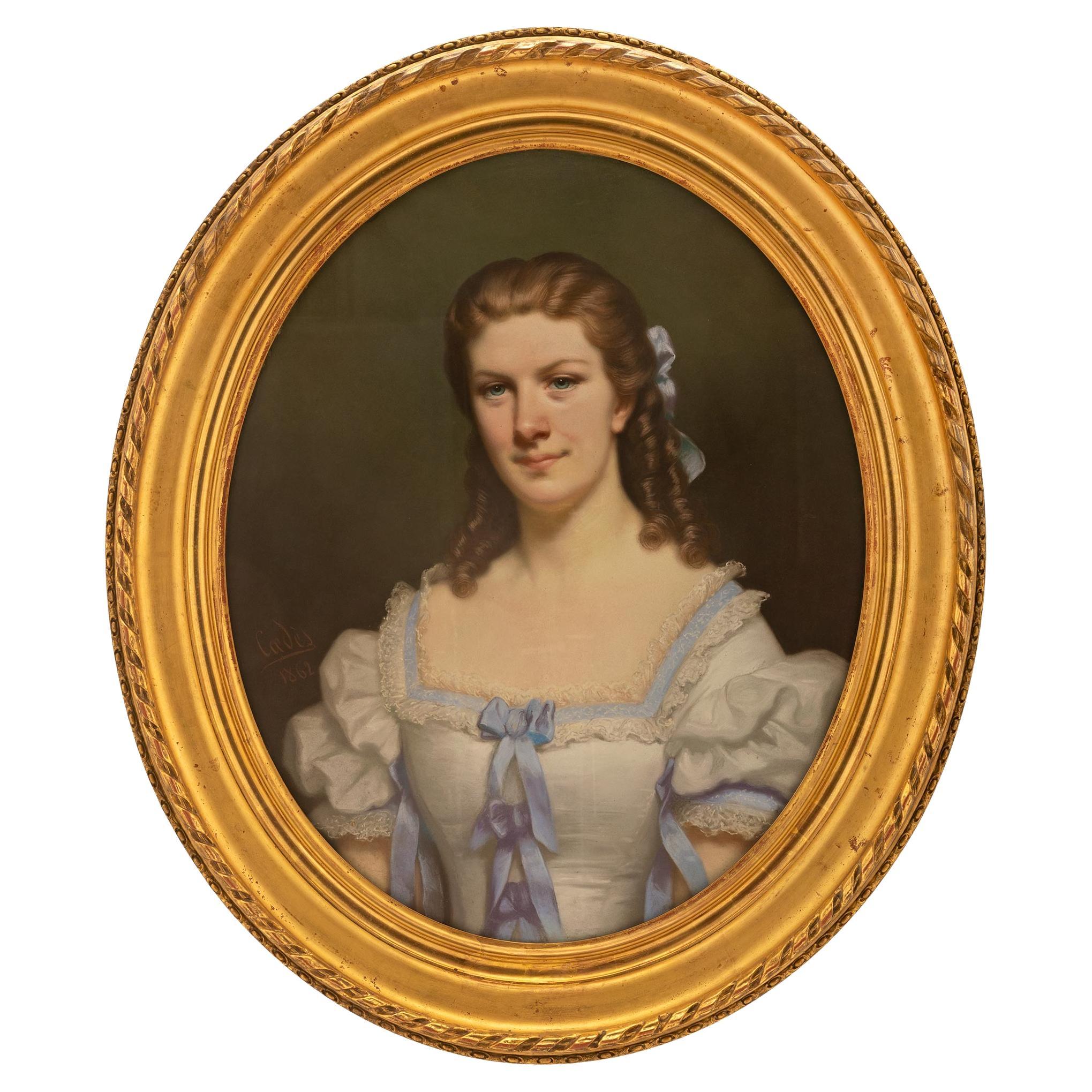 French Pastel of a Portrait of a Young Lady Wearing a Formal Dress For Sale