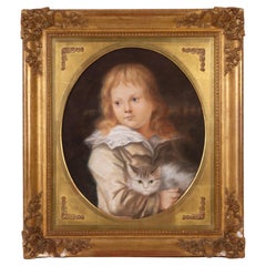Portrait français au pastel d'un jeune garçon avec un chat 19ème siècle