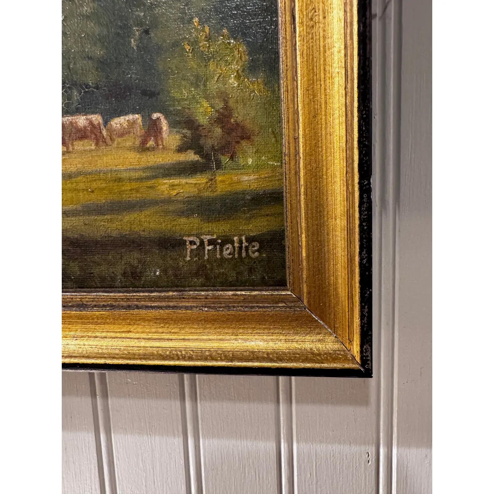 Se trata de una preciosa escena al óleo de una pequeña granja rústica francesa. El cuadro mezcla tonos verdes y azules, y la granja y el granero destacan en el tono marrón. El suave reflejo de la luz sobre los animales pastando crea una imagen muy