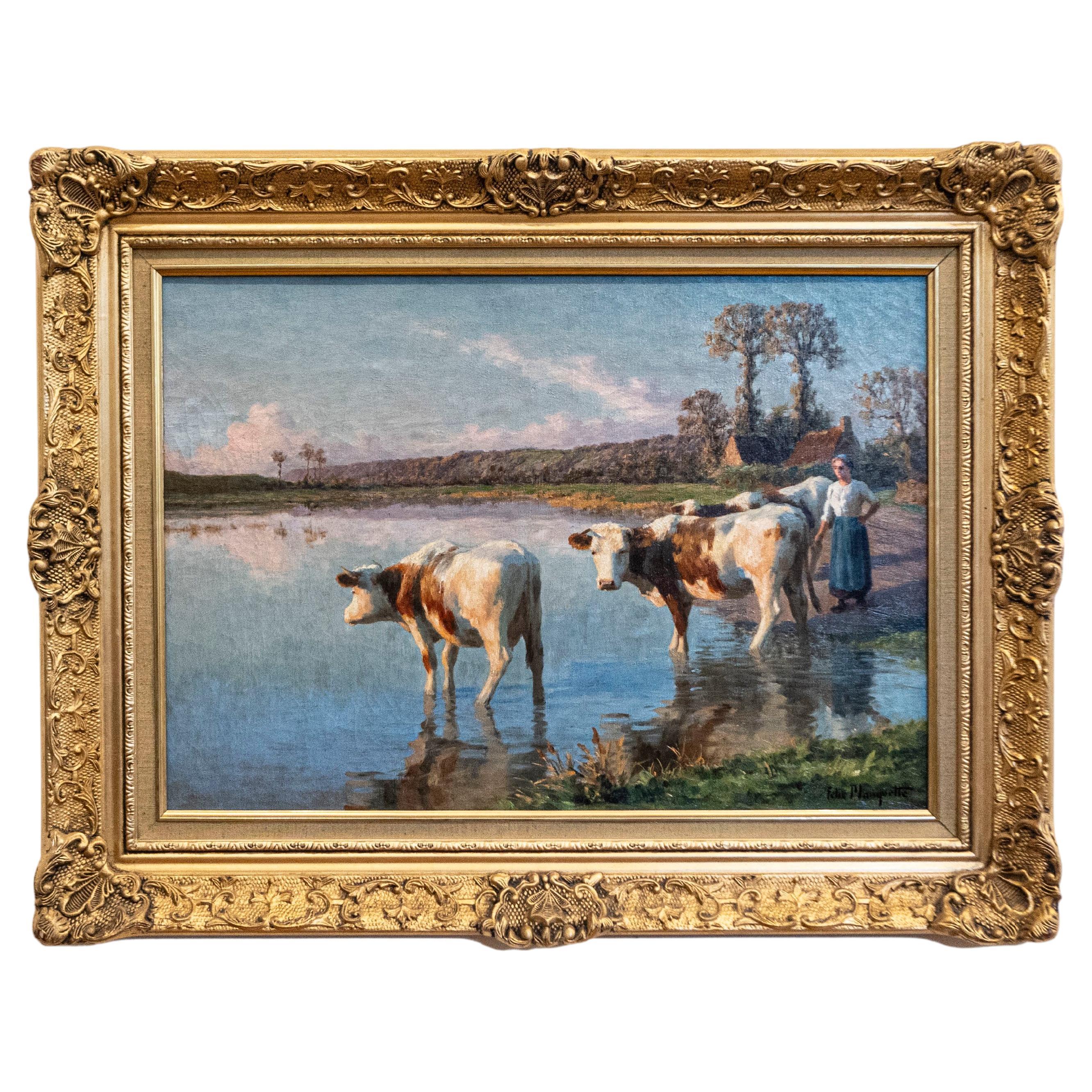 French Pastoral Oil Painting Signed by Félix Planquette, Late 19th Century For Sale
