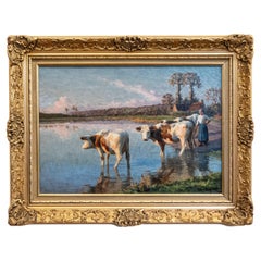 Peinture à l'huile pastorale française signée par Félix Planquette, fin du 19e siècle