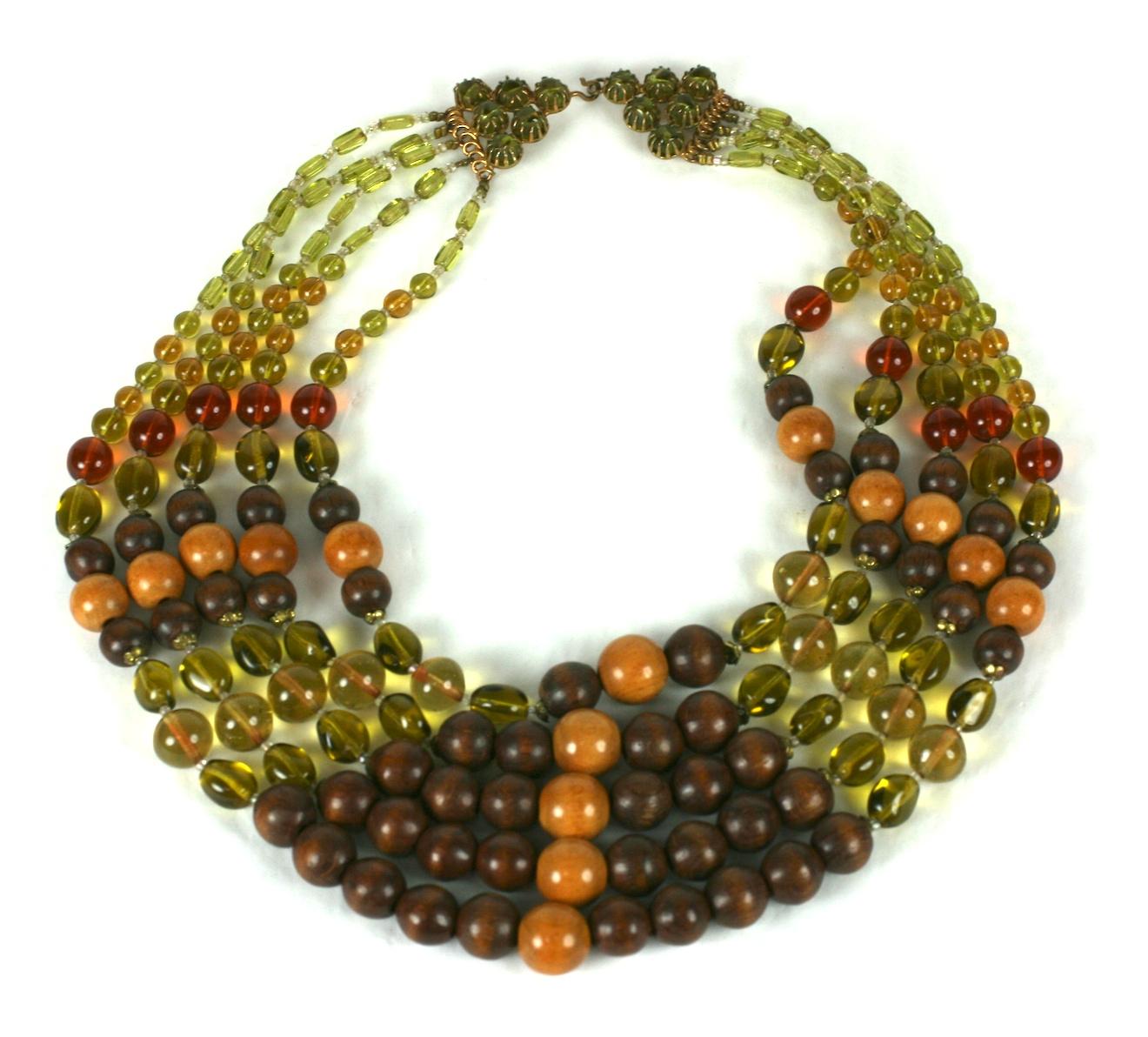 Round Cut French Pate de Verre and Wood Necklace  For Sale