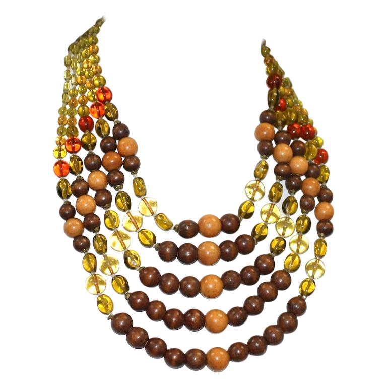 French Pate de Verre and Wood Necklace 