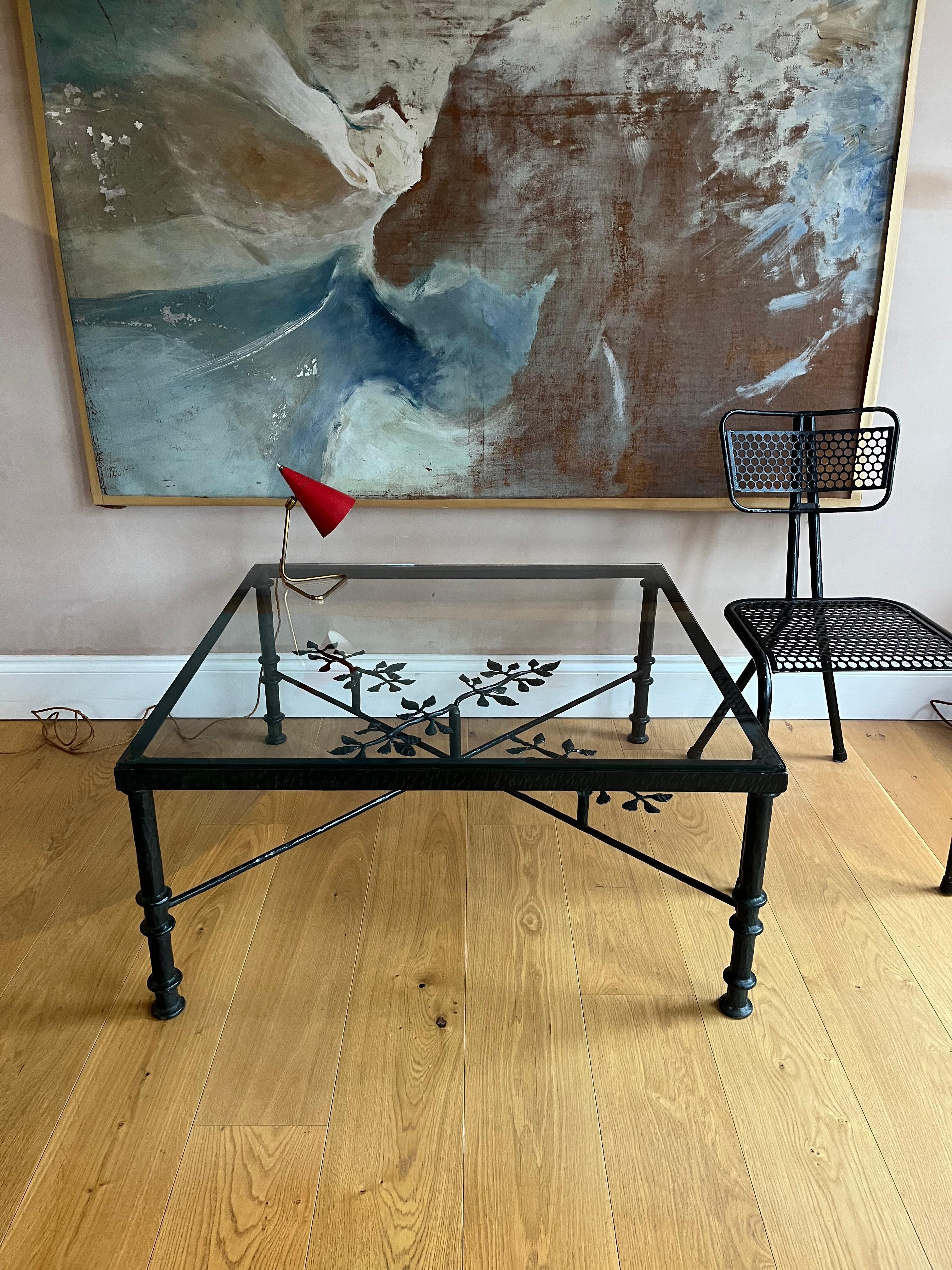 Mid-Century Modern French patinated bronze and glass coffee table For Sale
